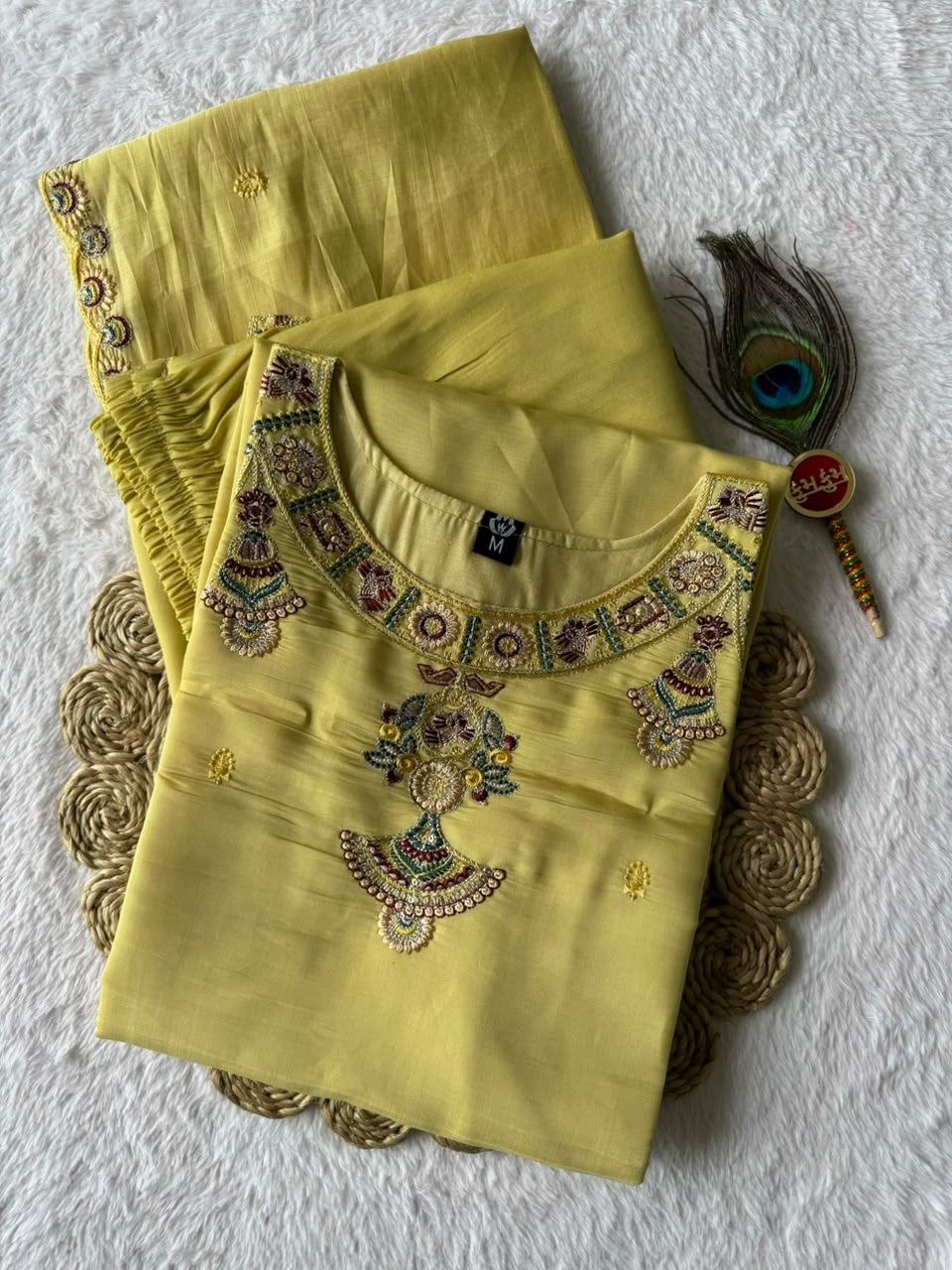 Light Yellow Pure Mul Chanderi Embroidered Kurta Set With Pants & Dupatta