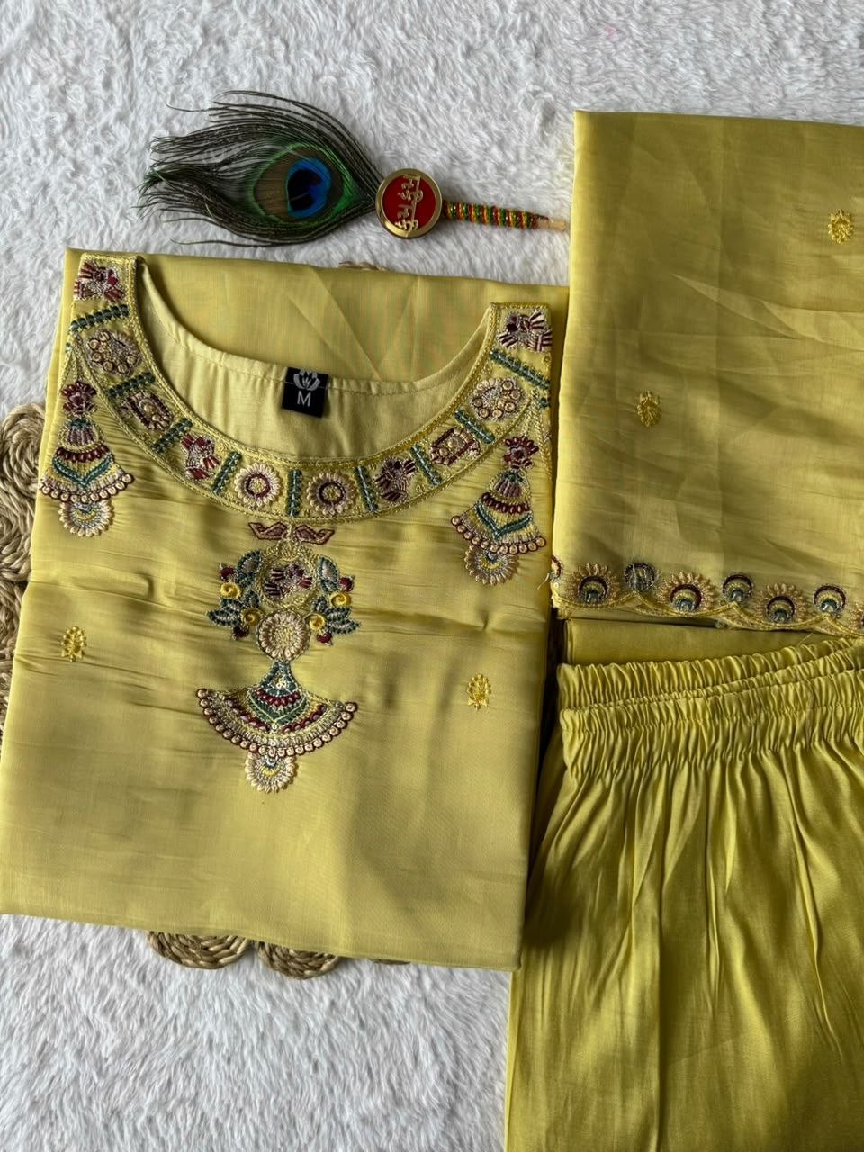 Light Yellow Pure Mul Chanderi Embroidered Kurta Set With Pants & Dupatta