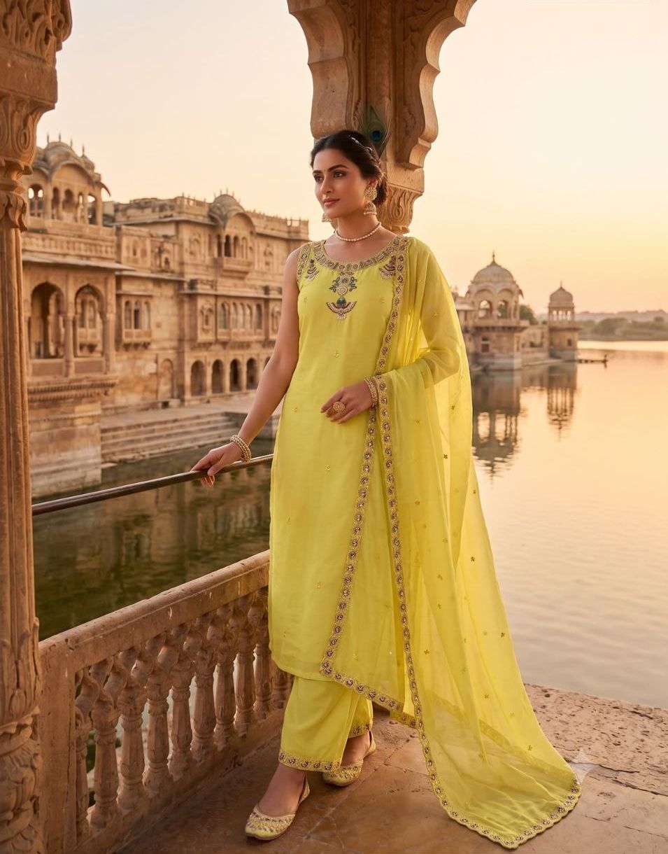 Light Yellow Pure Mul Chanderi Embroidered Kurta Set With Pants & Dupatta