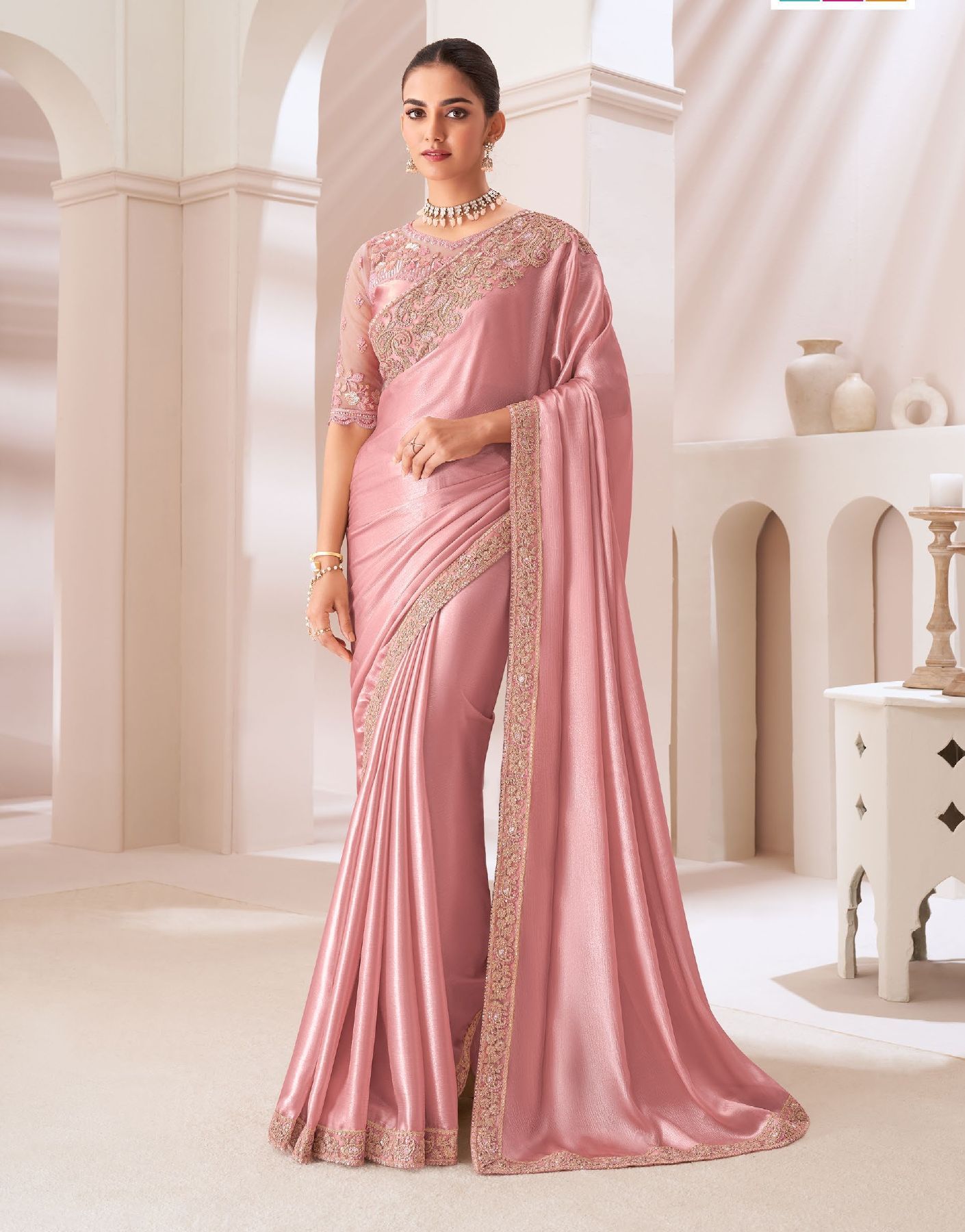 Beautiful Light Pink Sartin Chiffon Saree