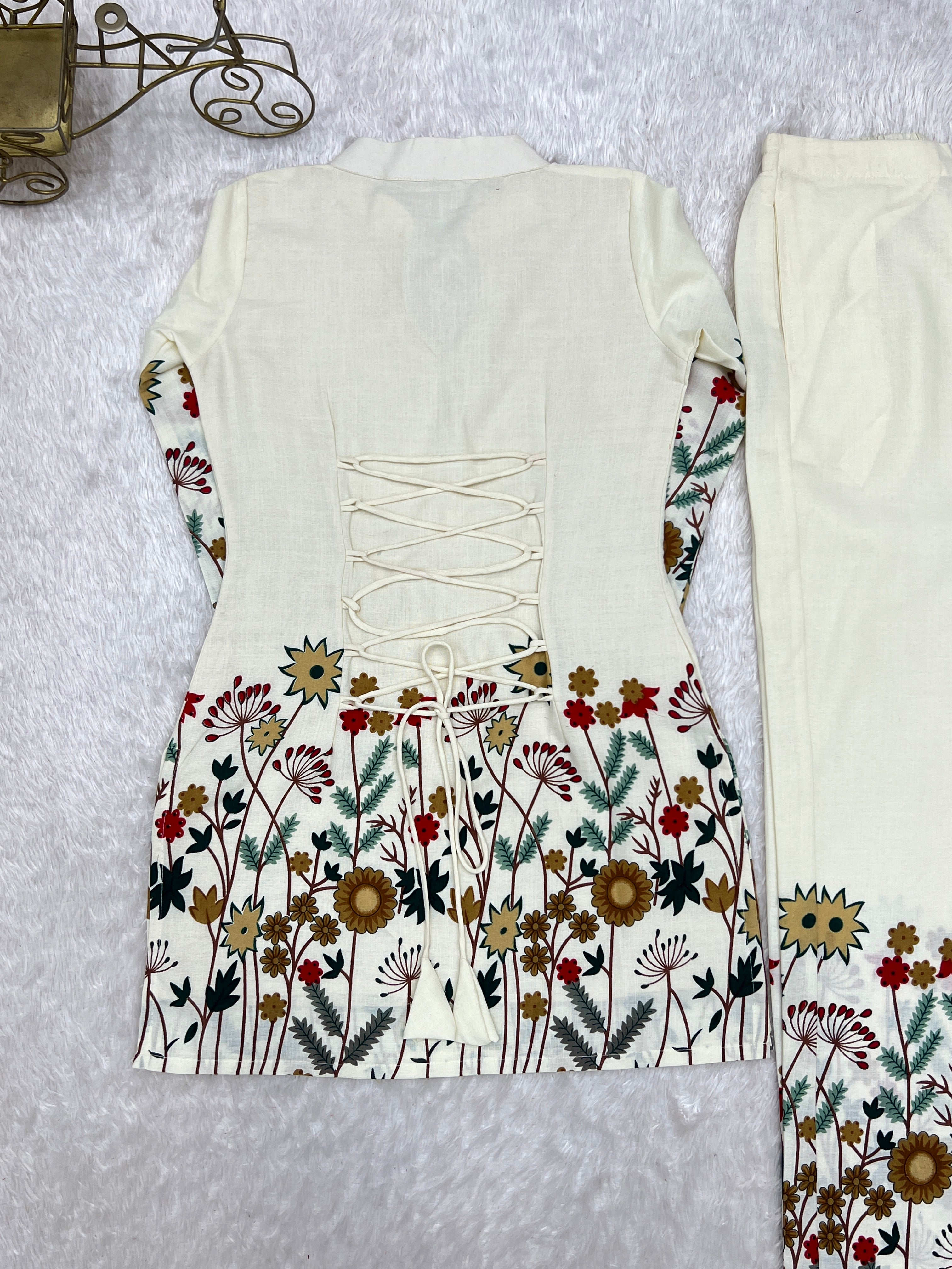 Cream Floral Printed Magic Slub Cotton Co-ord Set | Rakhi Special