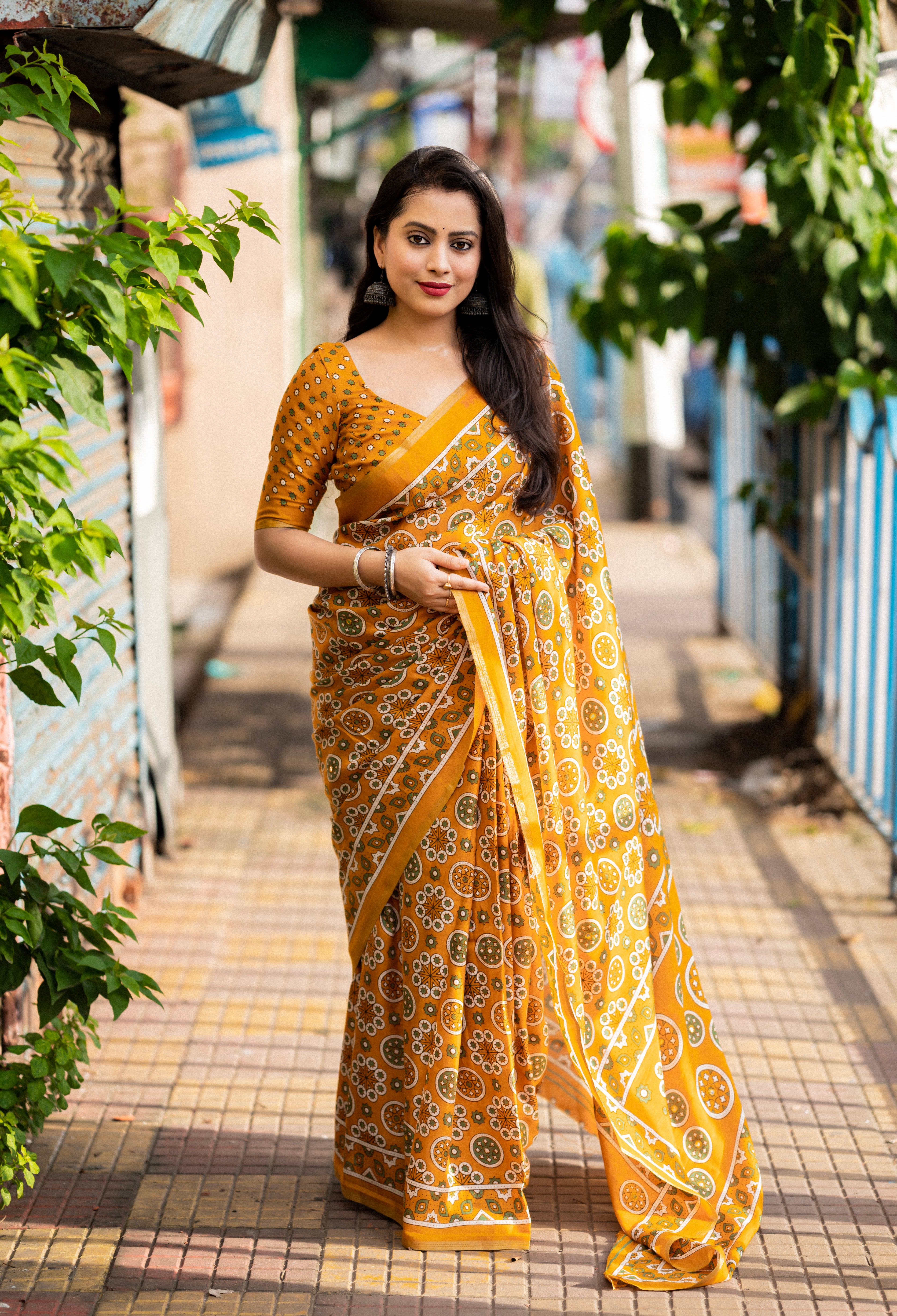 Ajrakh Style Cotton Print Saree