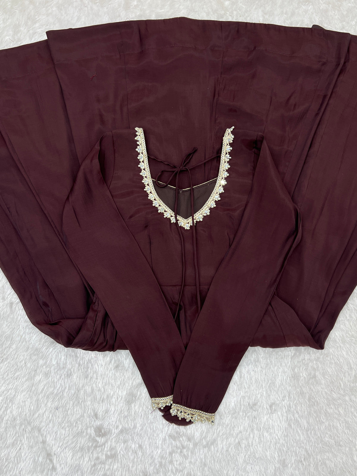 Chocolate Brown Pure Mal Chanderi 16 Kali Anarkali Gown Set with Mirror Work Dupatta