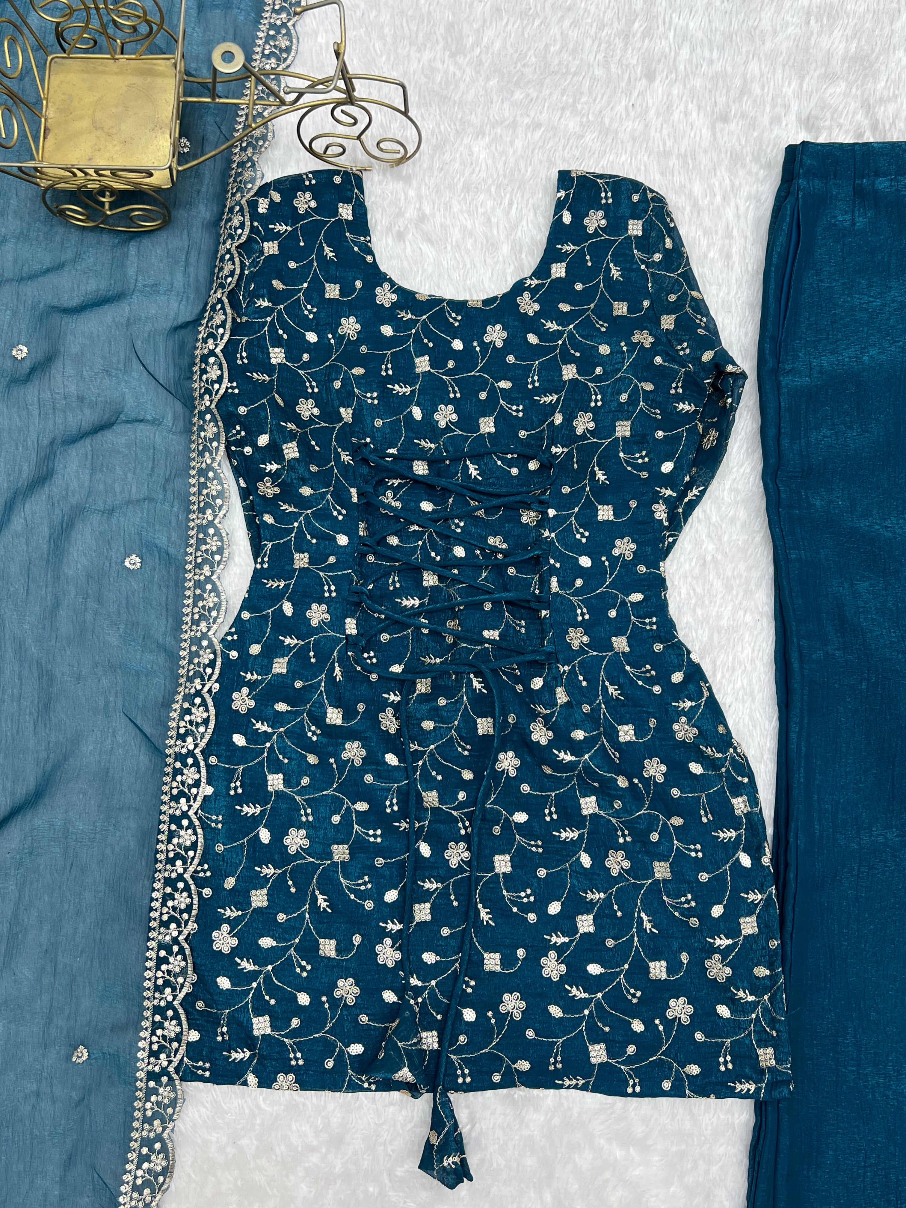 Tealblue Embroidered Kurta Set with Bell Bottom Pant & Dupatta