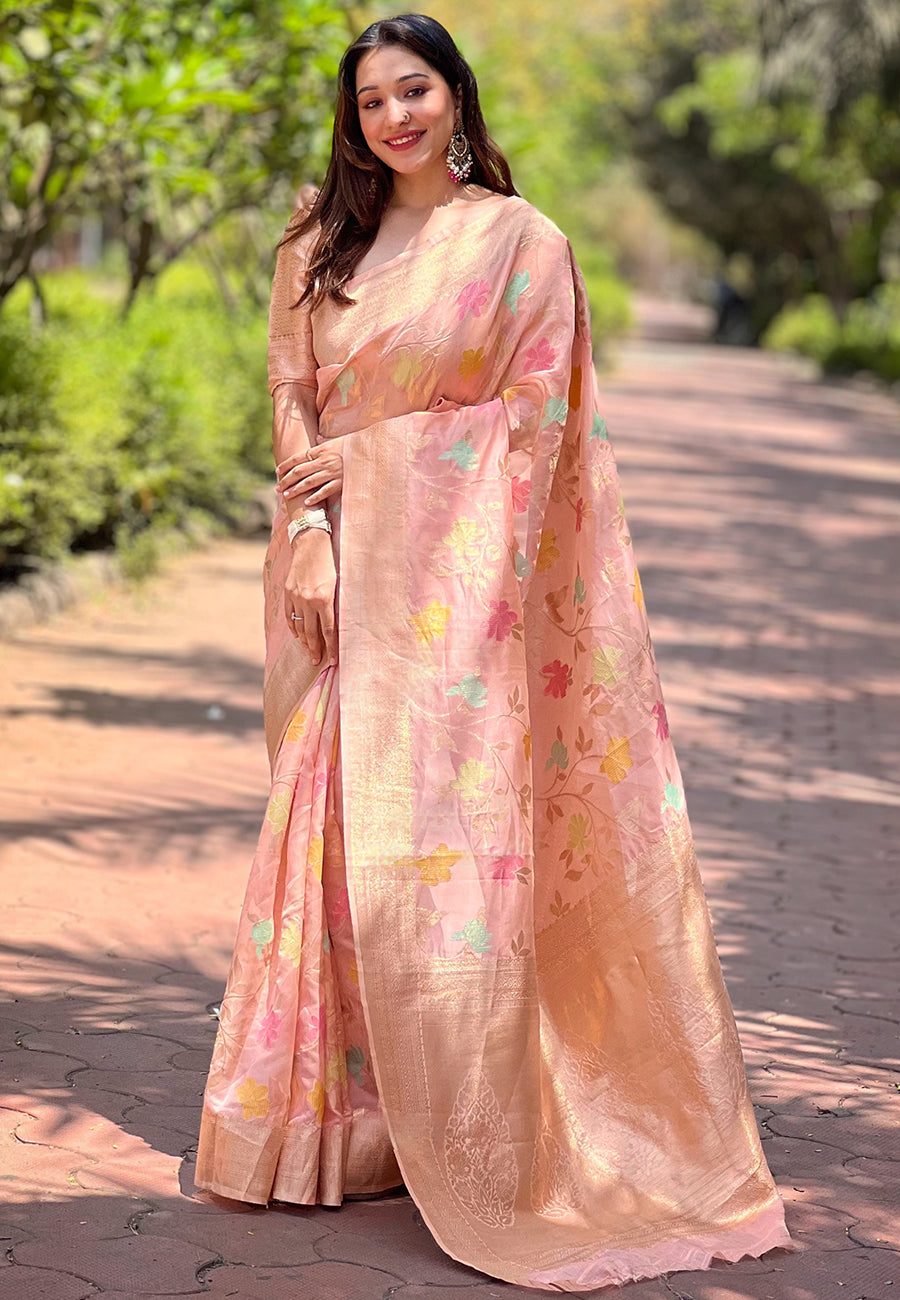 BabyPink Organza Floral Zari Woven Saree