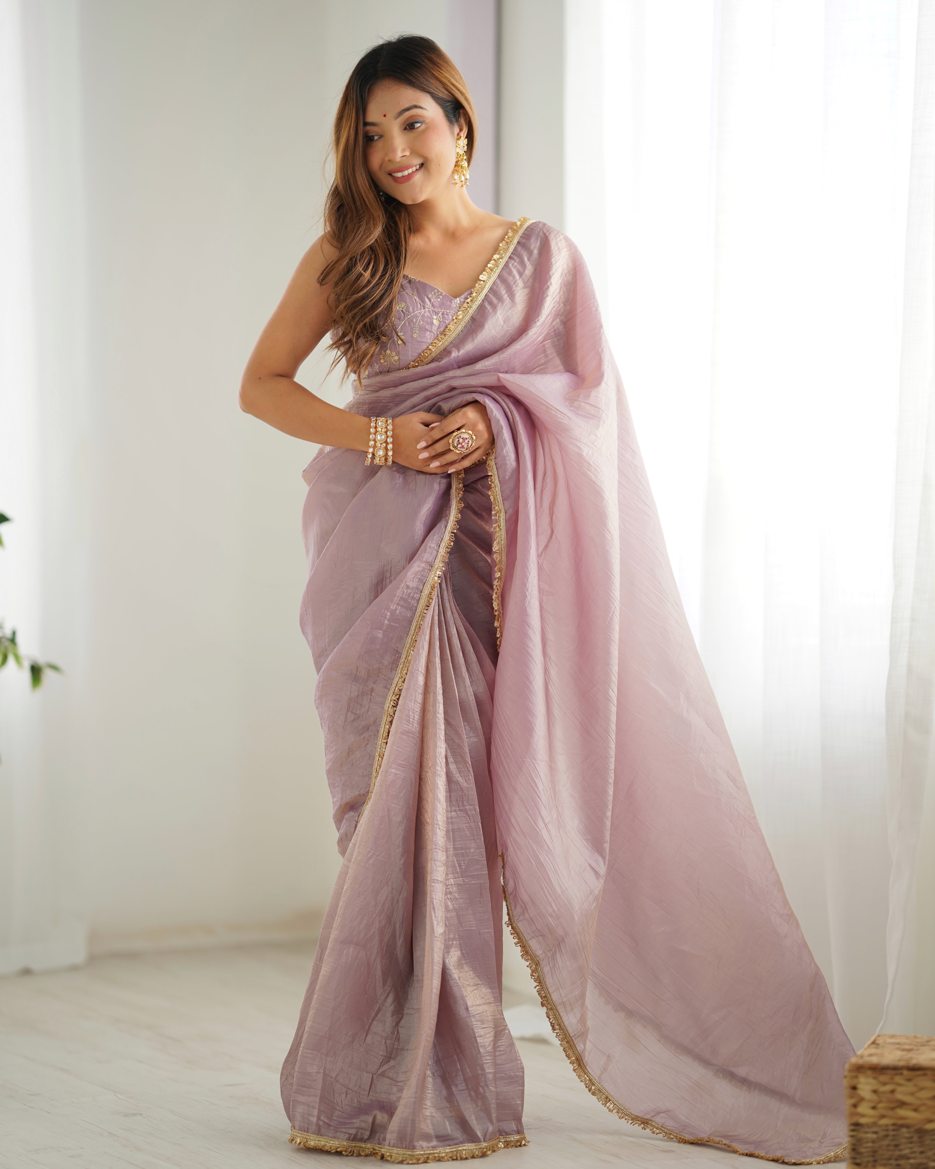 Baby Pink Gold Crush Tissue Silk Saree