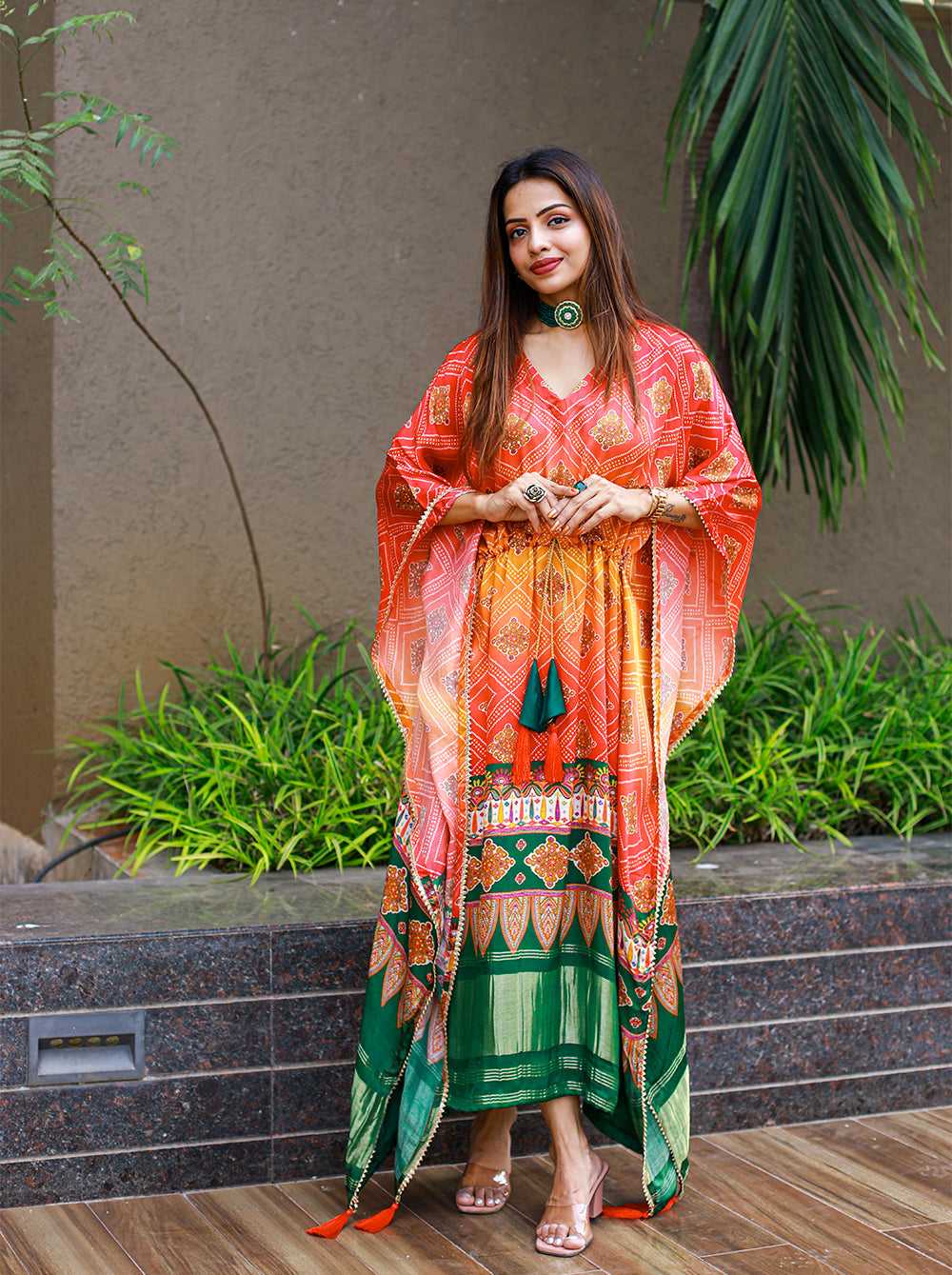 Bandhani Patola style Pure Gajji Silk Kaftan