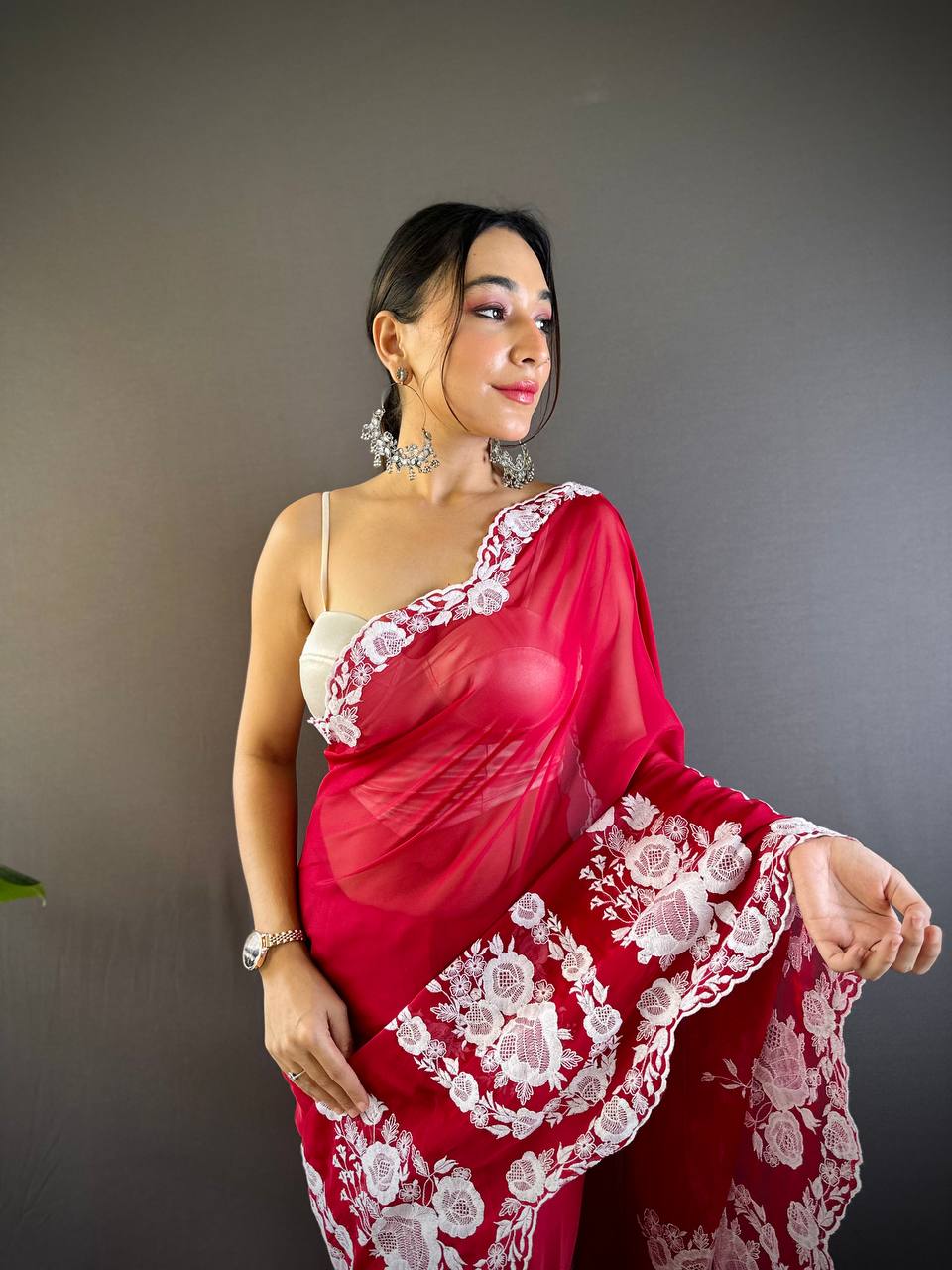 Beautiful Red Thai Organza Silk Saree