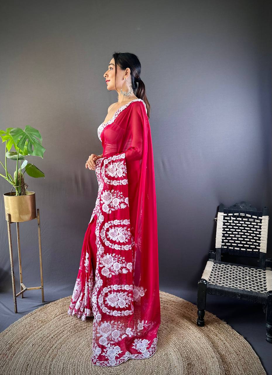 Beautiful Red Thai Organza Silk Saree