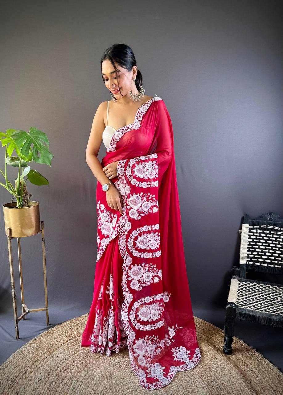 Beautiful Red Thai Organza Silk Saree