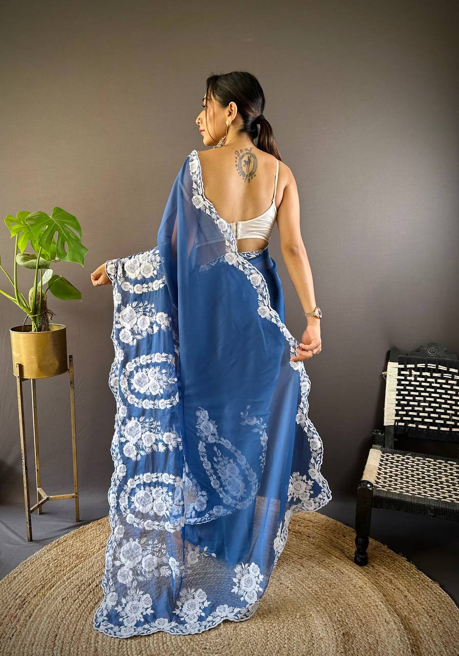 Beautiful Sky Blue Thai Organza Silk Saree