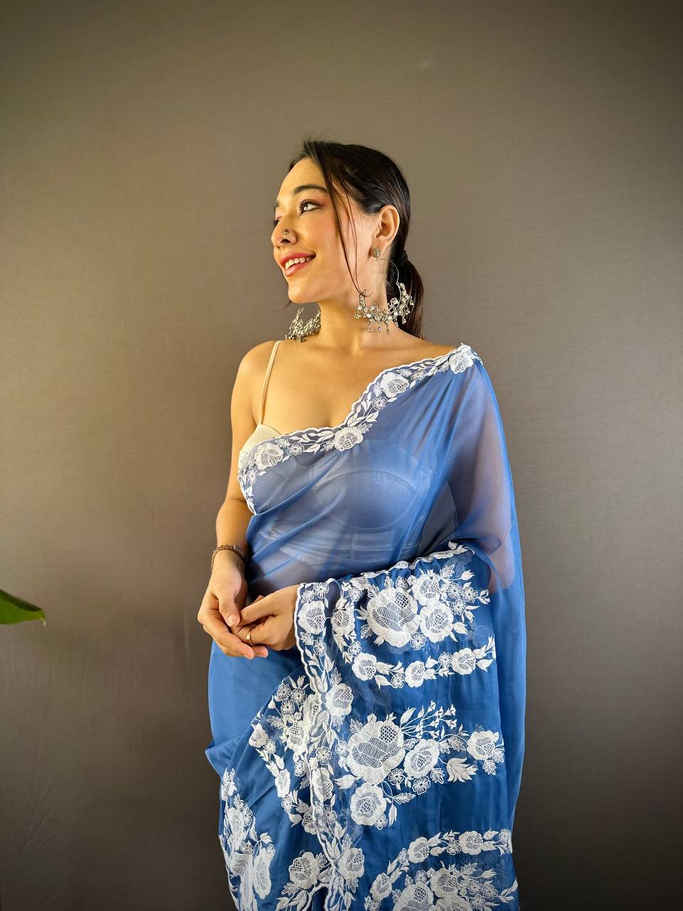 Beautiful Sky Blue Thai Organza Silk Saree