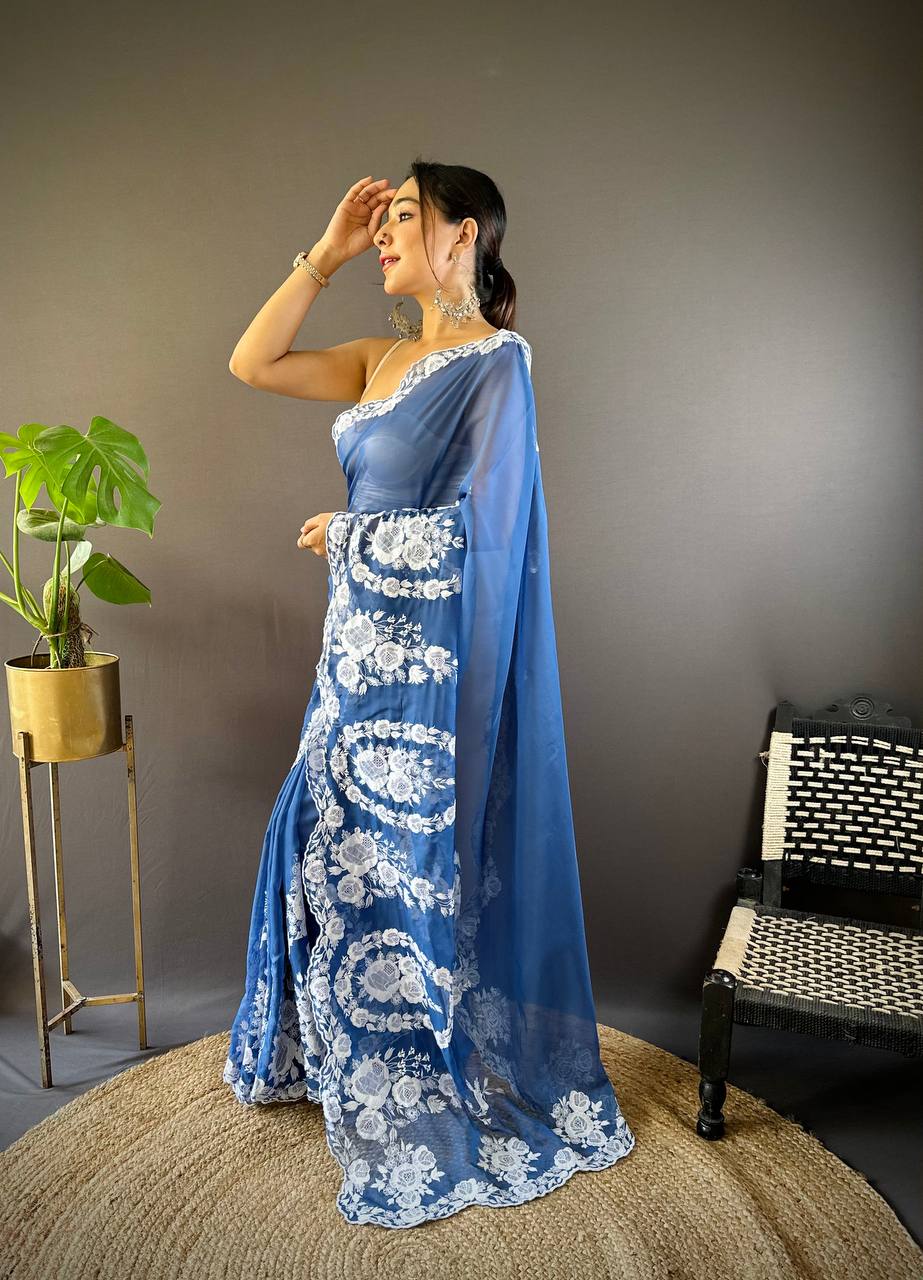 Beautiful Sky Blue Thai Organza Silk Saree