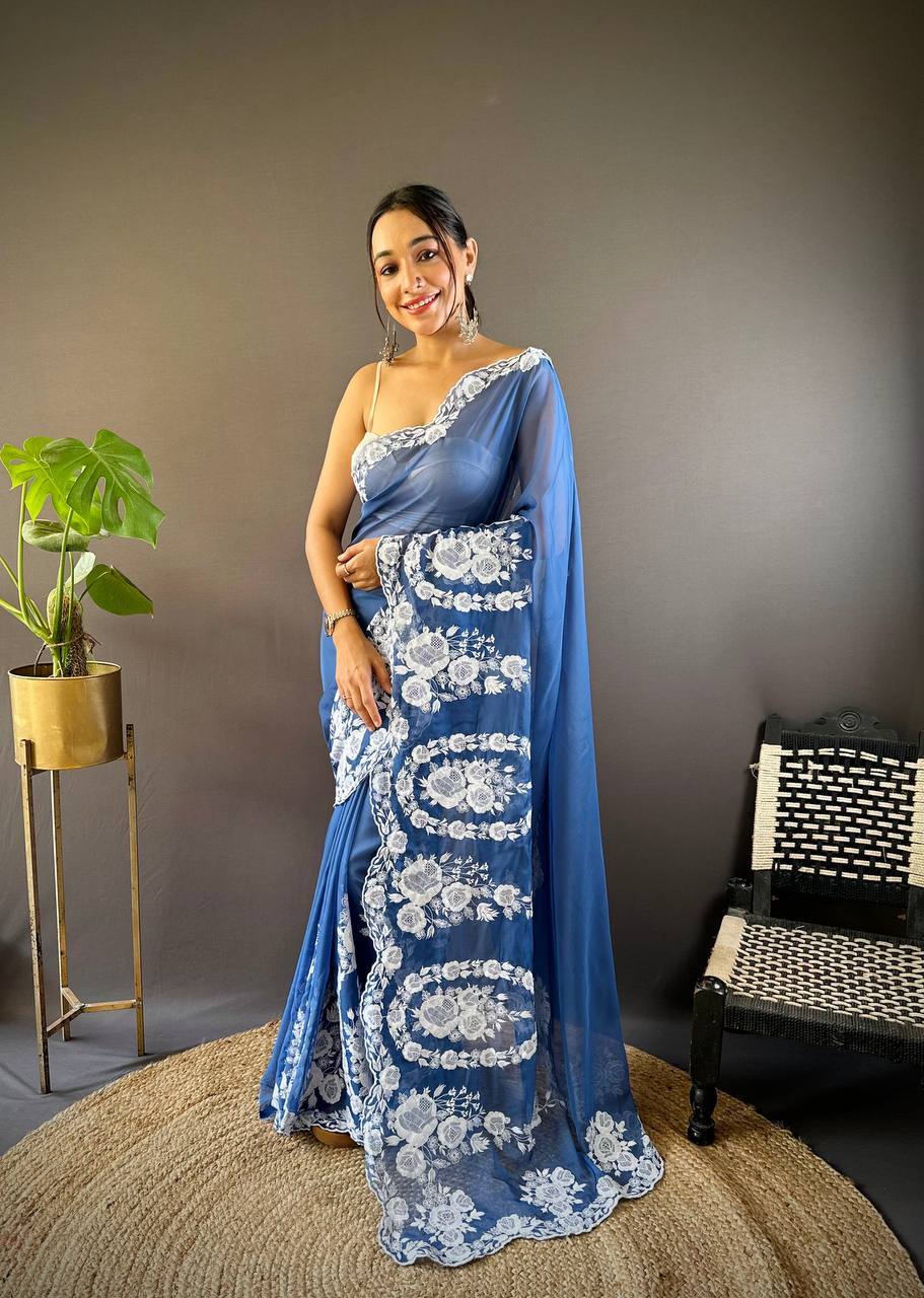 Beautiful Sky Blue Thai Organza Silk Saree