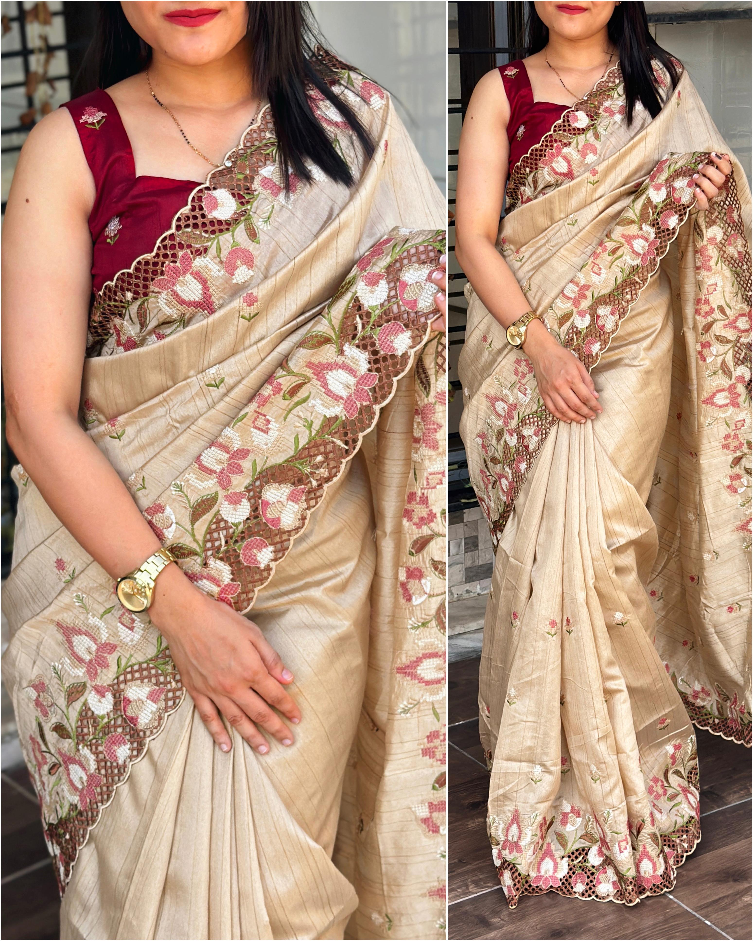 Beige Partywear Embroidery Cutwork Saree