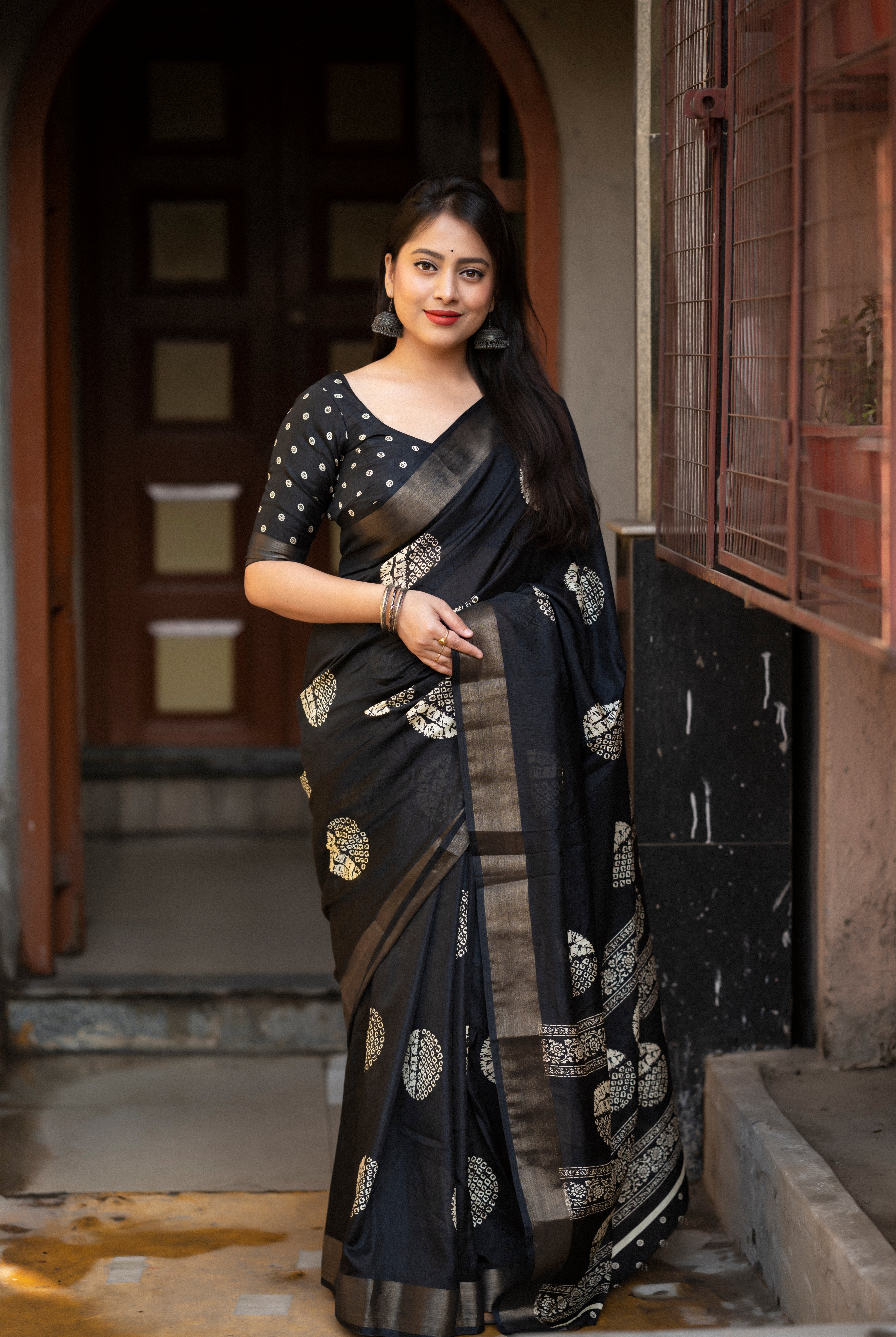 Black Batik Printed Cotton Sari