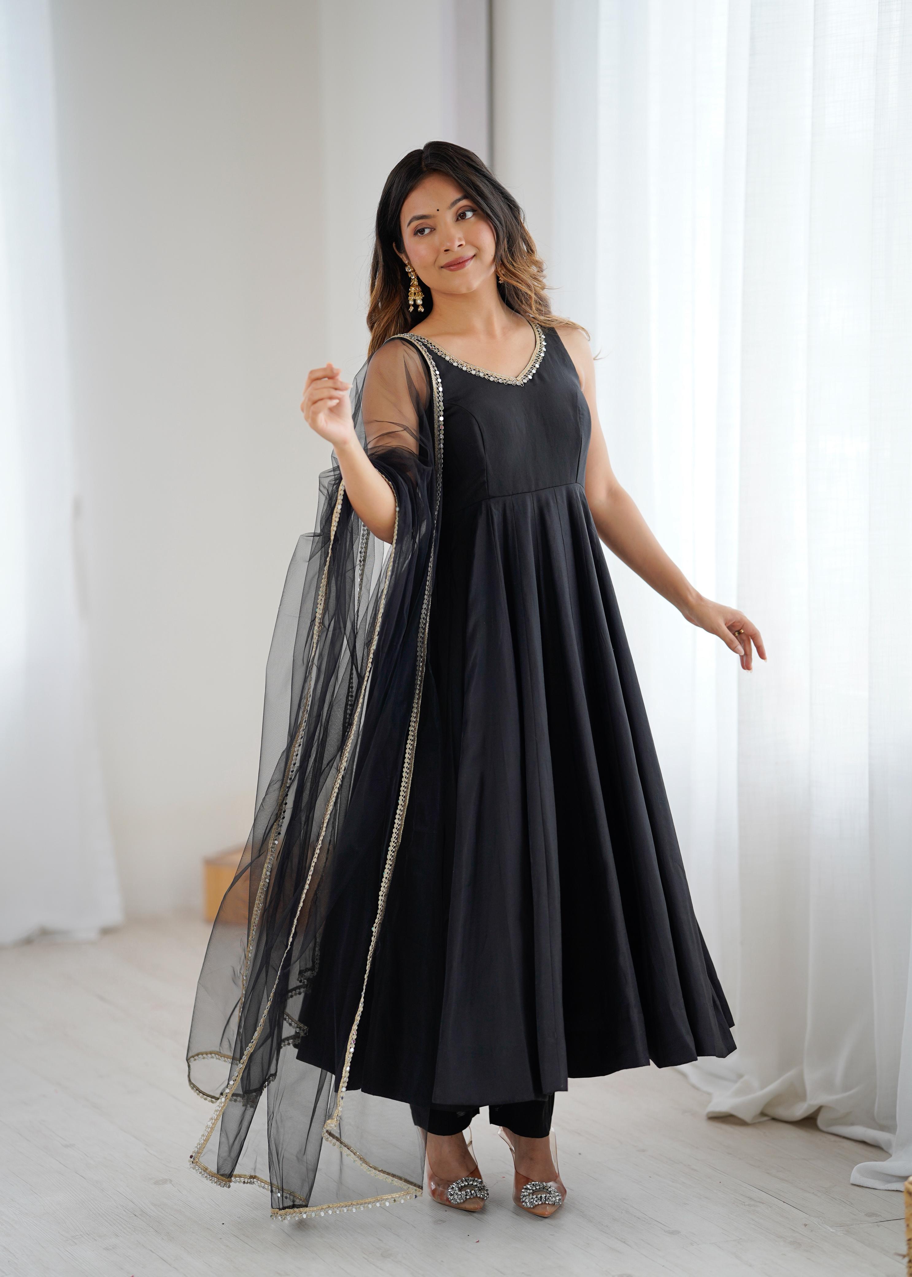 Black Color Roman Silk Chanderi Anarkali Gown Set - Aarti Chauhan