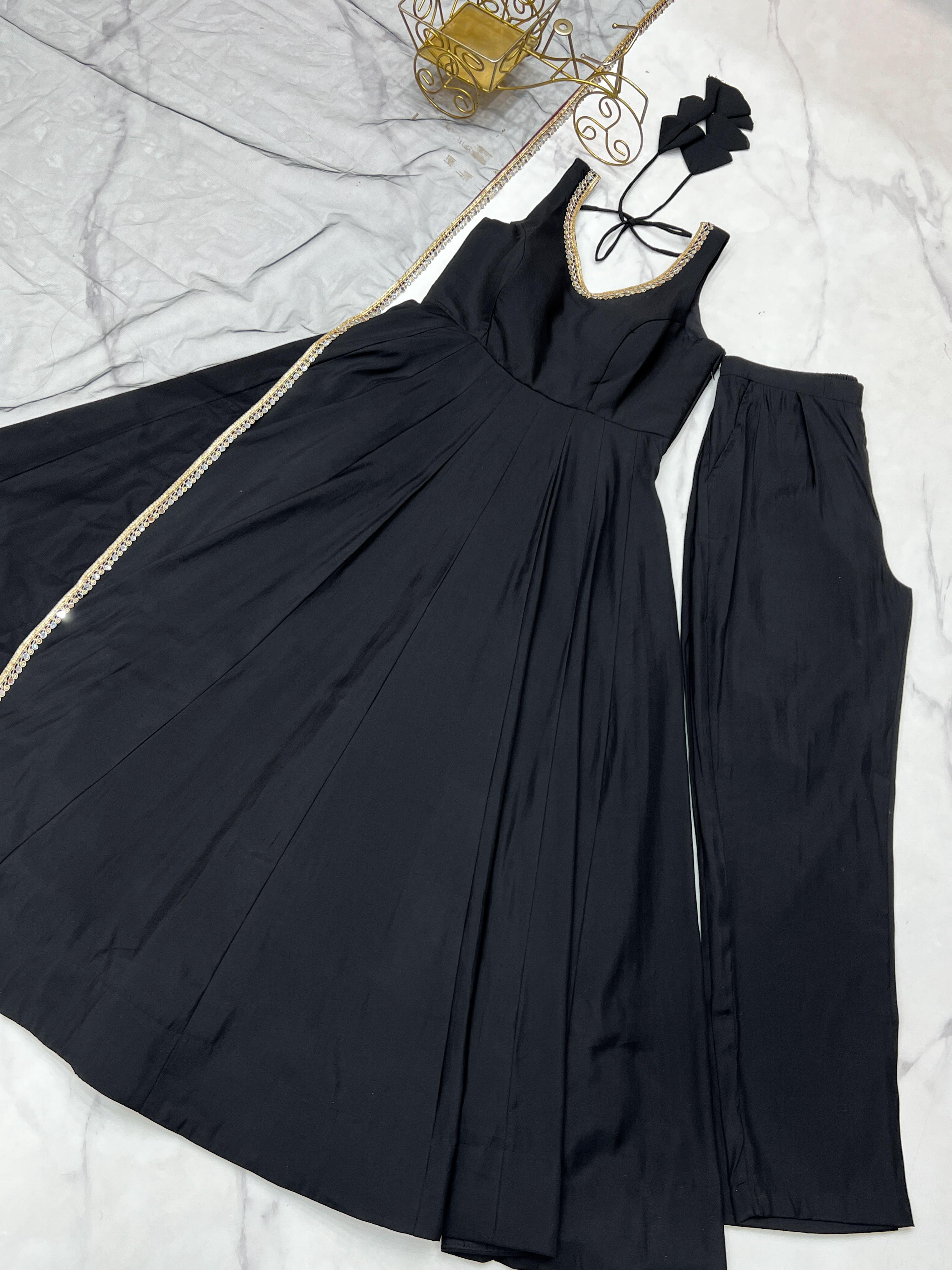 Black Color Roman Silk Chanderi Anarkali Gown Set - Aarti Chauhan