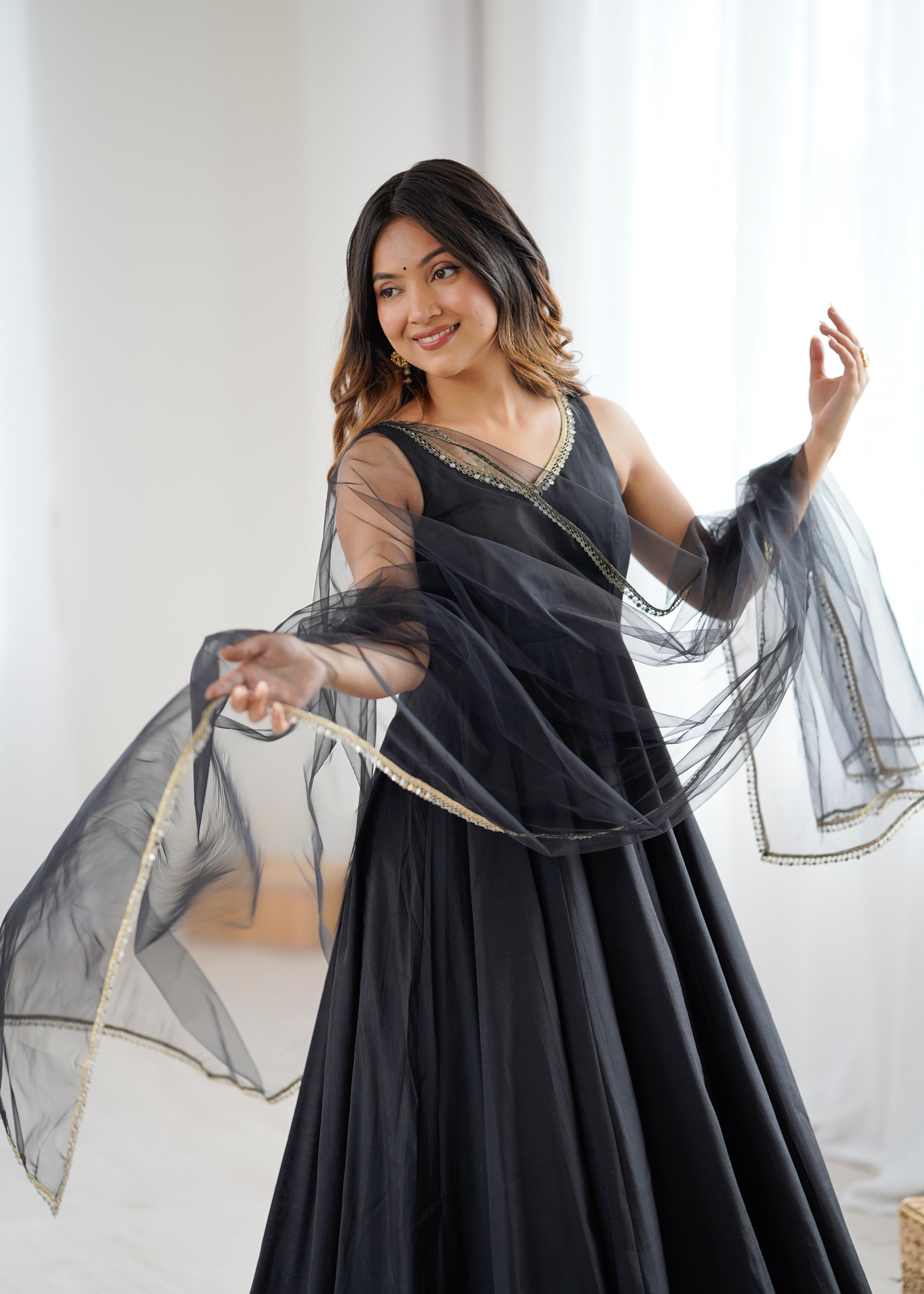 Black Color Roman Silk Chanderi Anarkali Gown Set - Aarti Chauhan