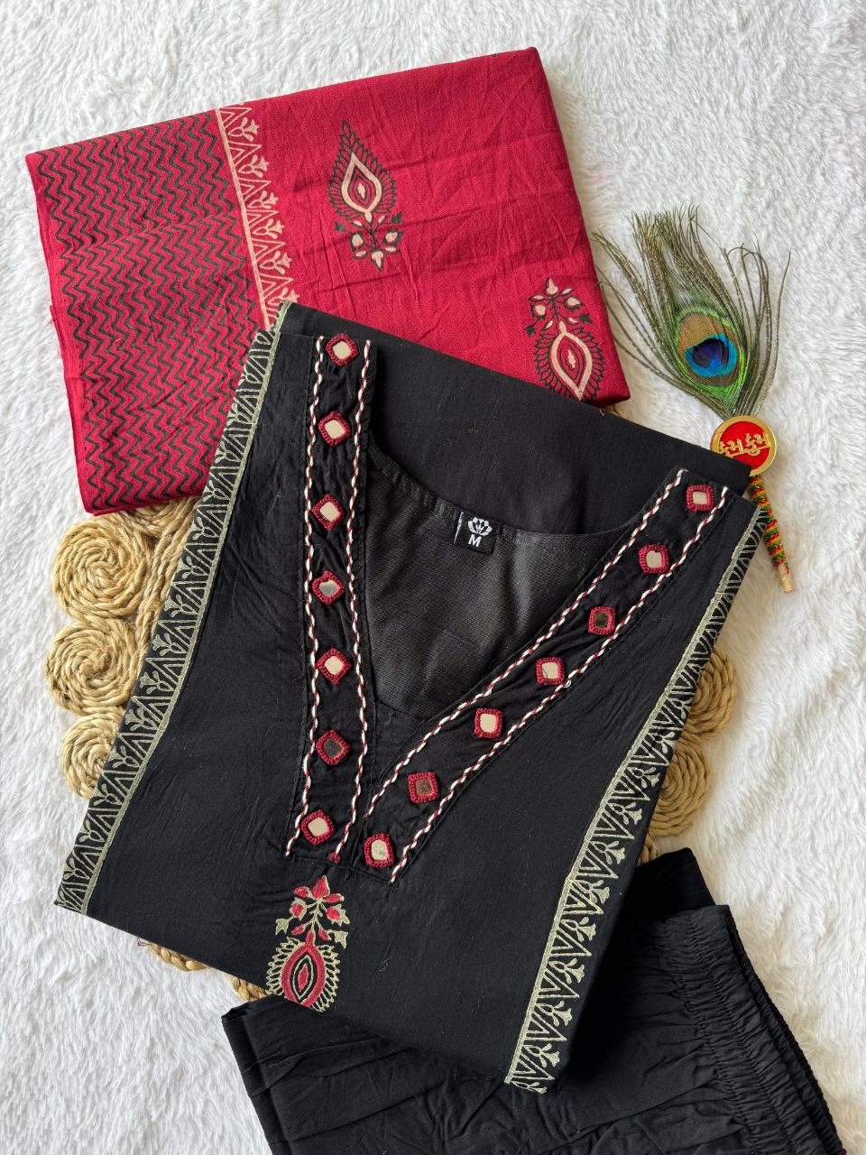 Black Cotton A-Line Kurti Set | Nardev Fashion