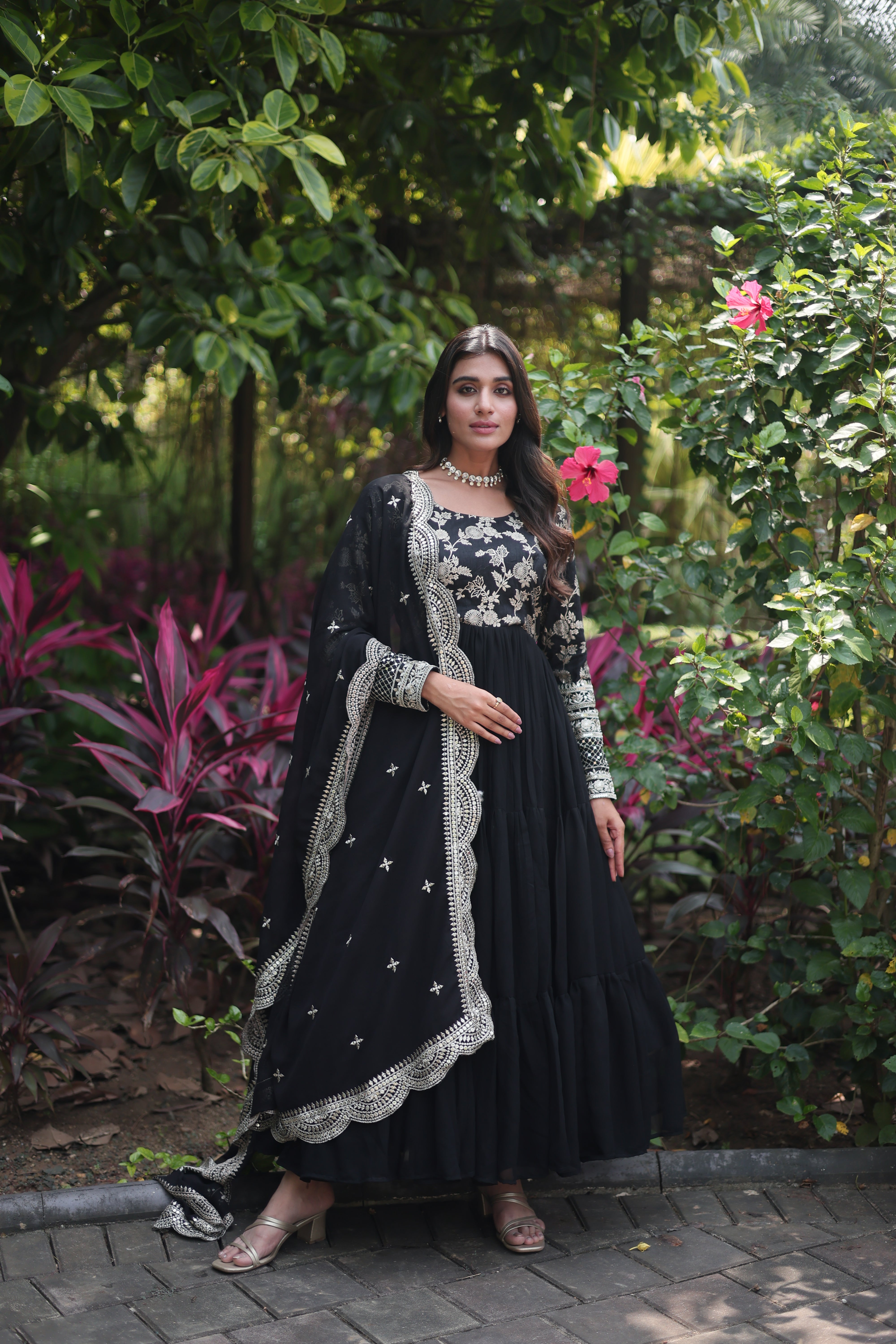 Black Faux Blooming Sequin Gown with Duppatta