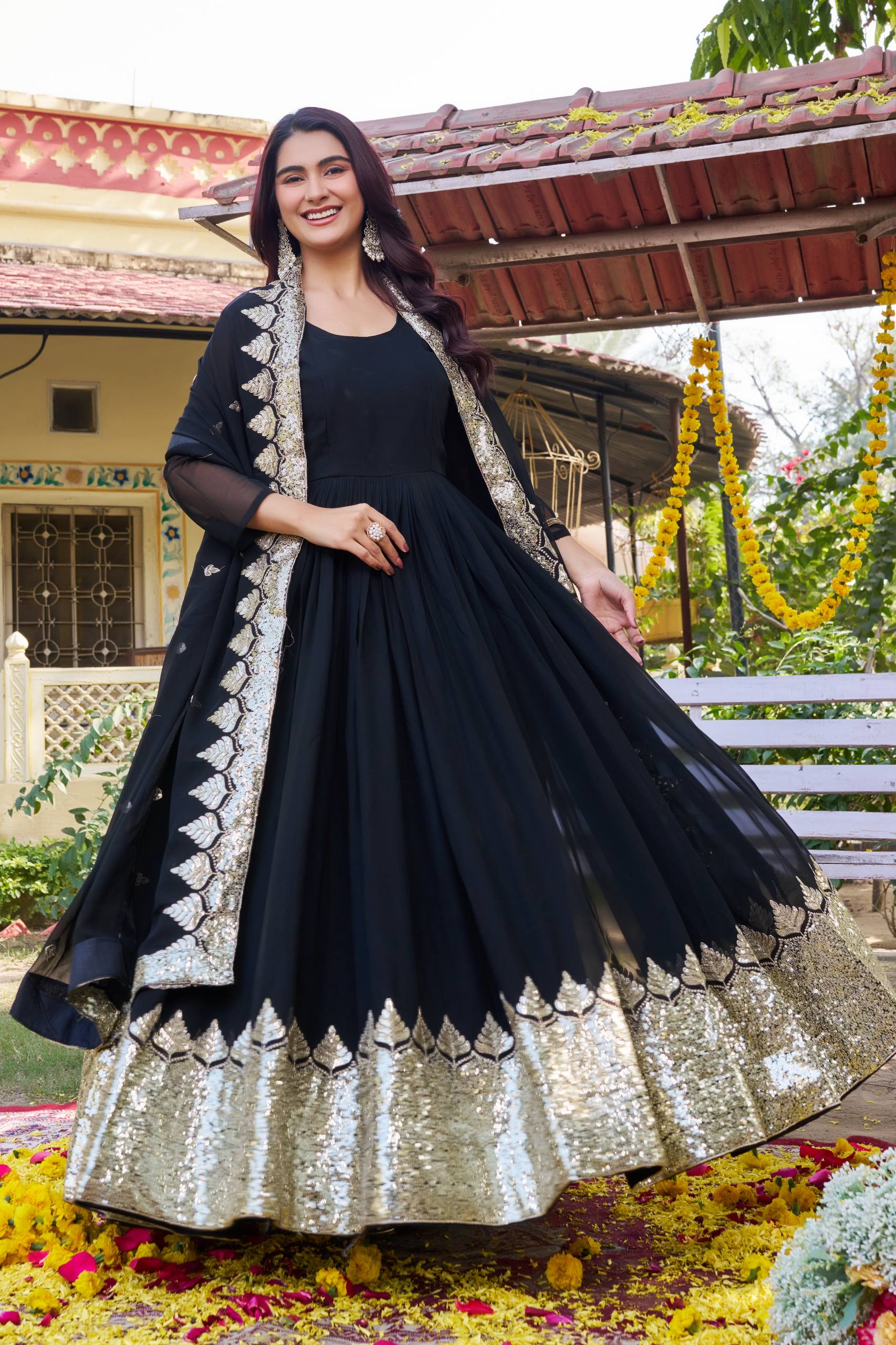 Black Festival Long Gown with Dupatta | Nardev Fashion