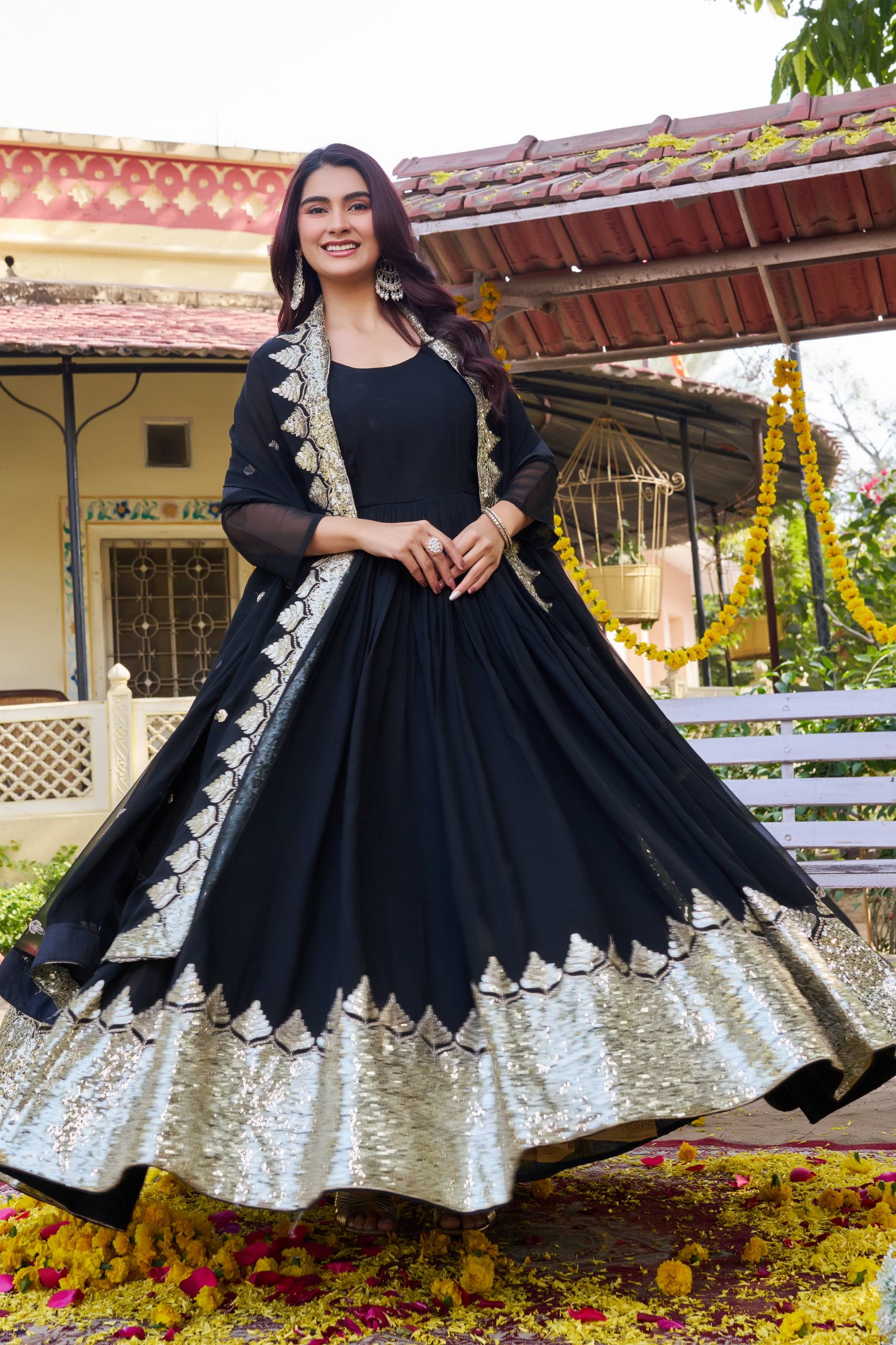 Black Festival Long Gown with Dupatta | Nardev Fashion