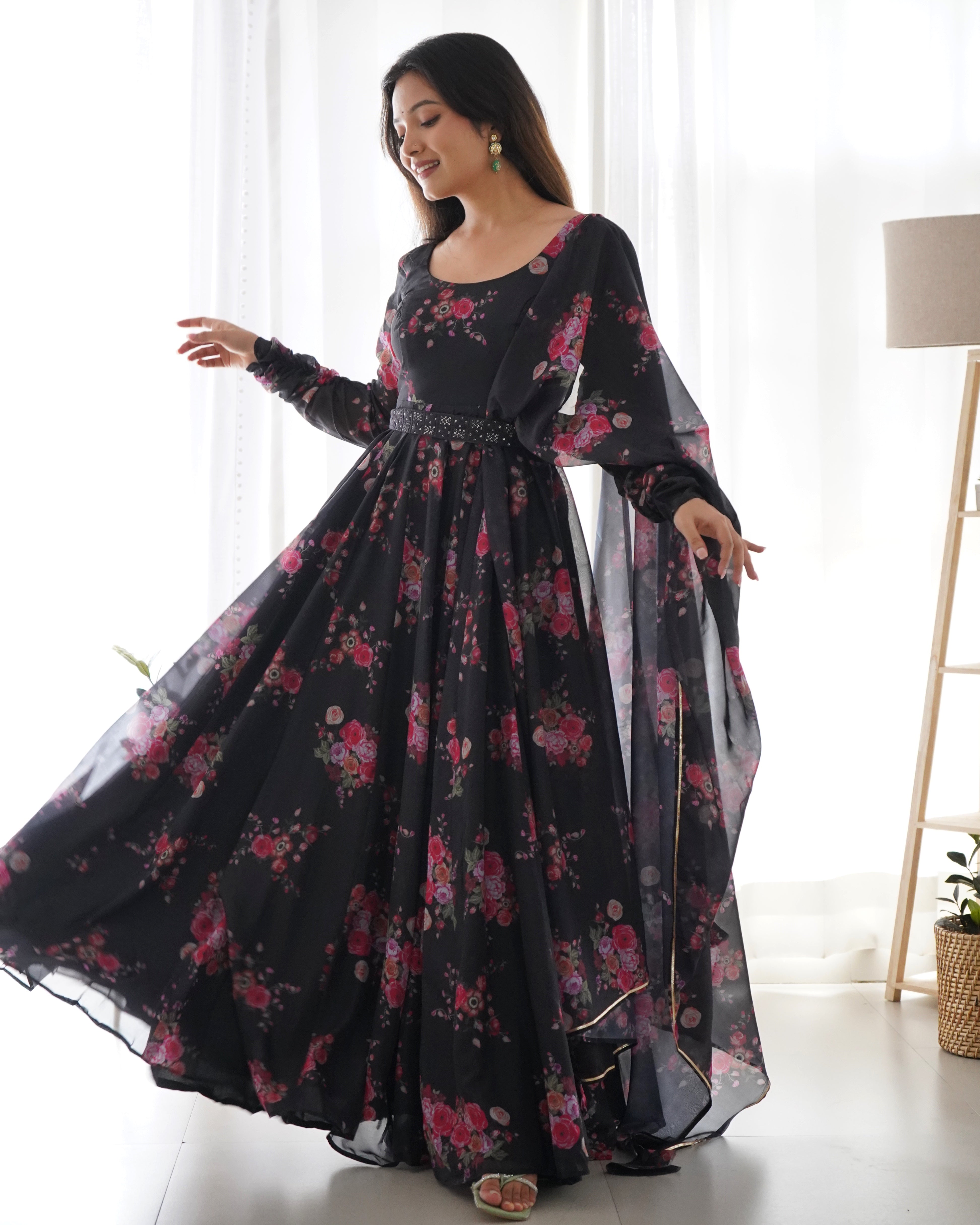 Black Floral Anarkali Gown with Belt