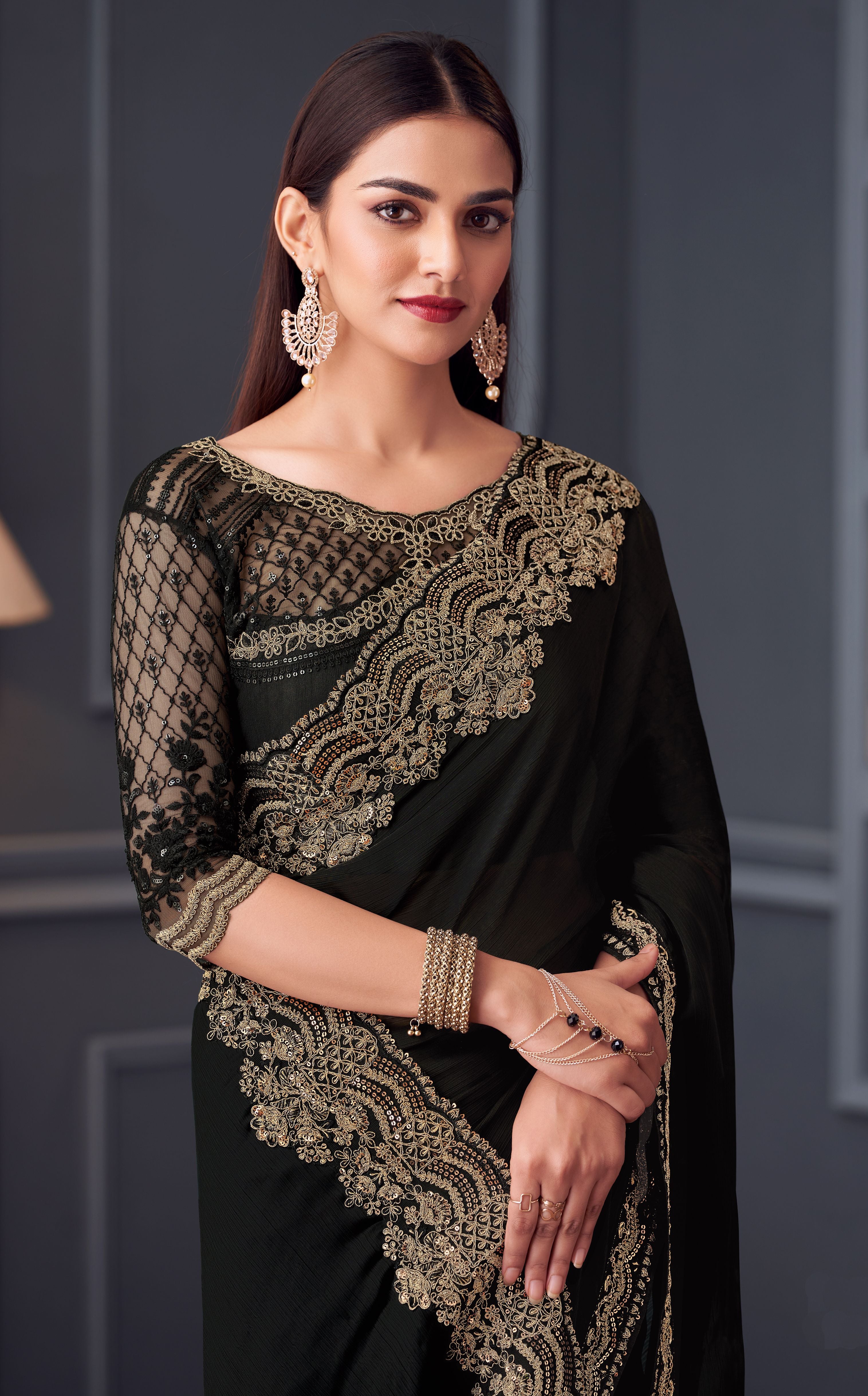 Black Party Wear Sartin Chiffon Saree