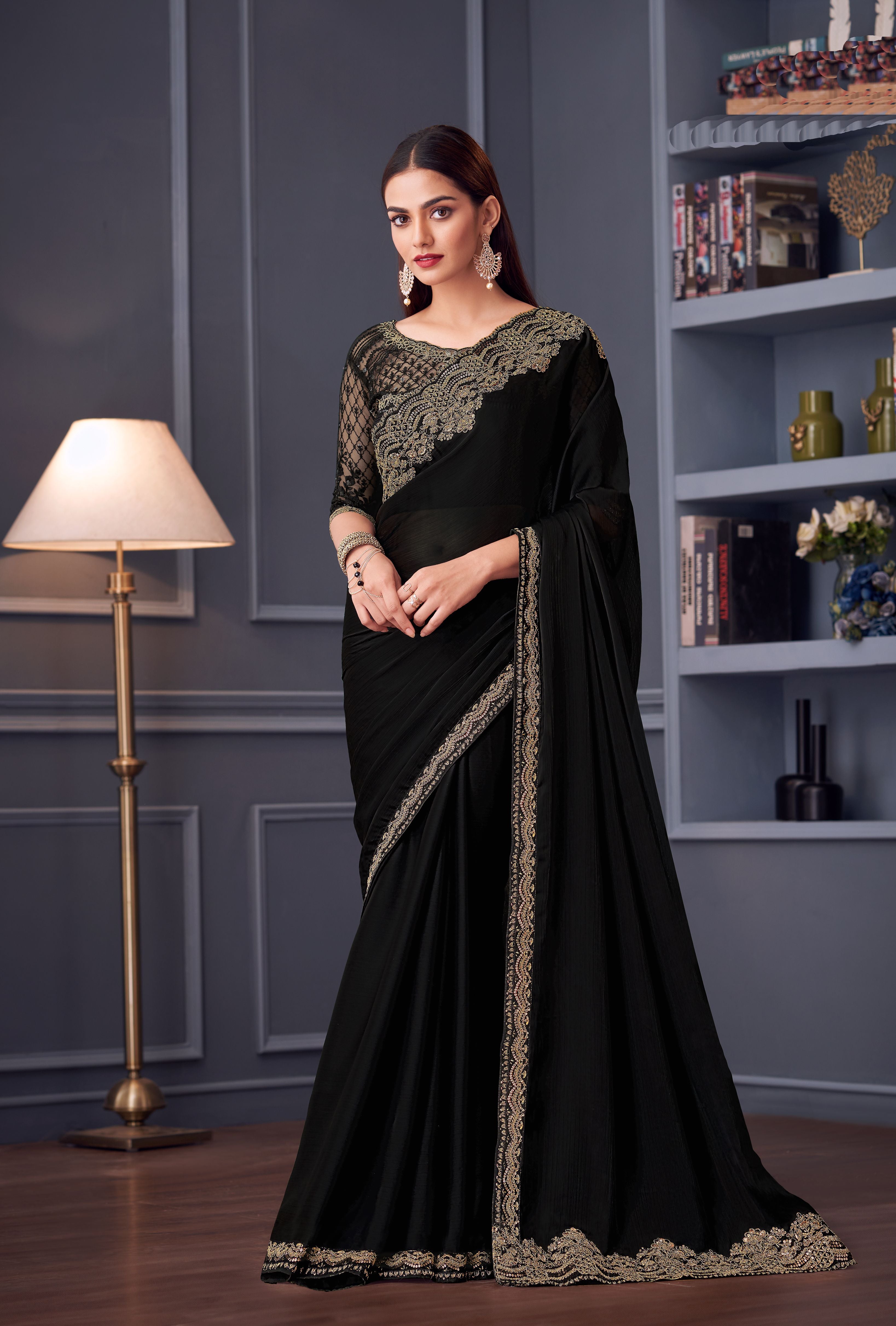 Black Party Wear Sartin Chiffon Saree