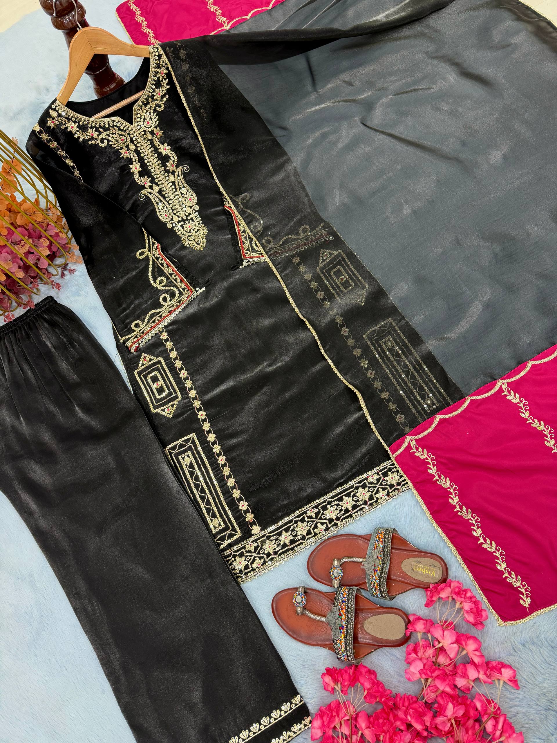 Black Partywear GMY Silk Top Plazzo Dupatta Set | Ready to Wear | Nardev Fashion