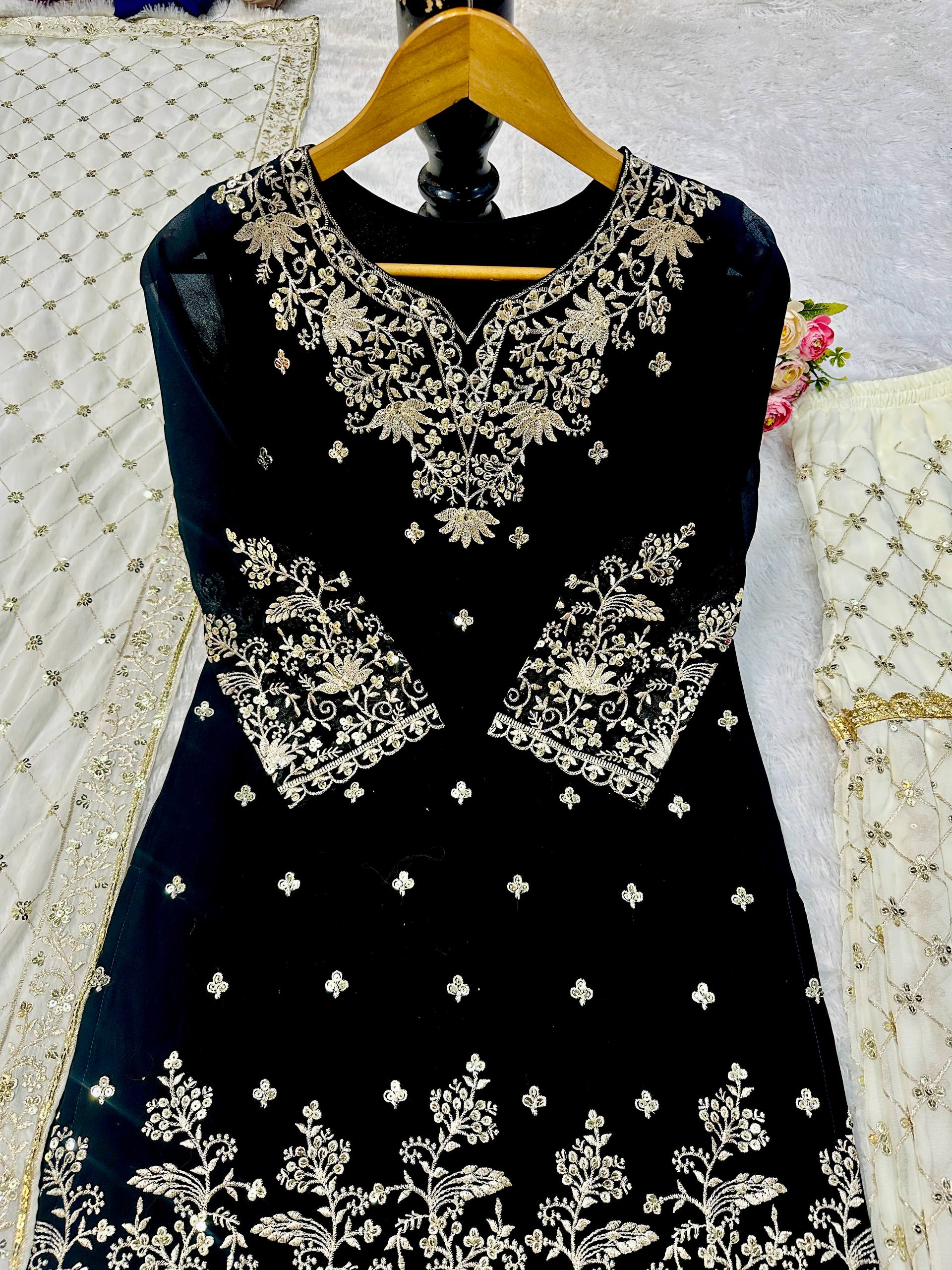 Black Partywear Top Plazzo Dupatta Set | Nardev Fashion