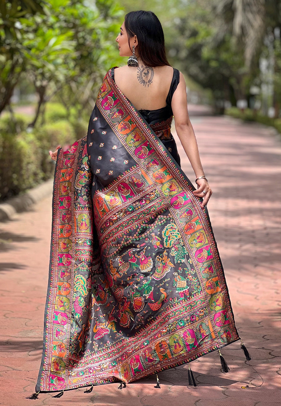 Black Pashmina Kashmiri Silk Zari Woven Saree