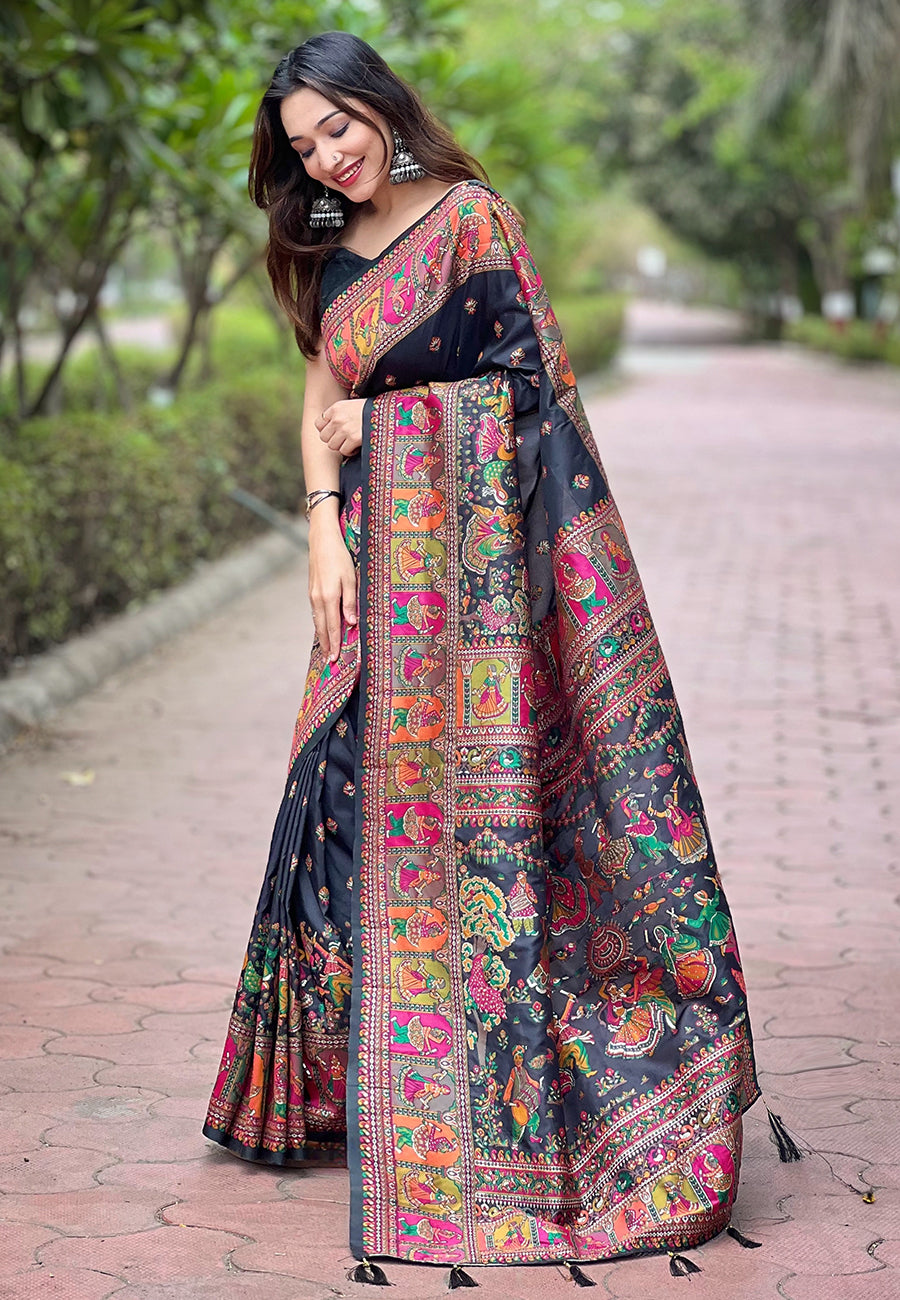 Black Pashmina Kashmiri Silk Zari Woven Saree