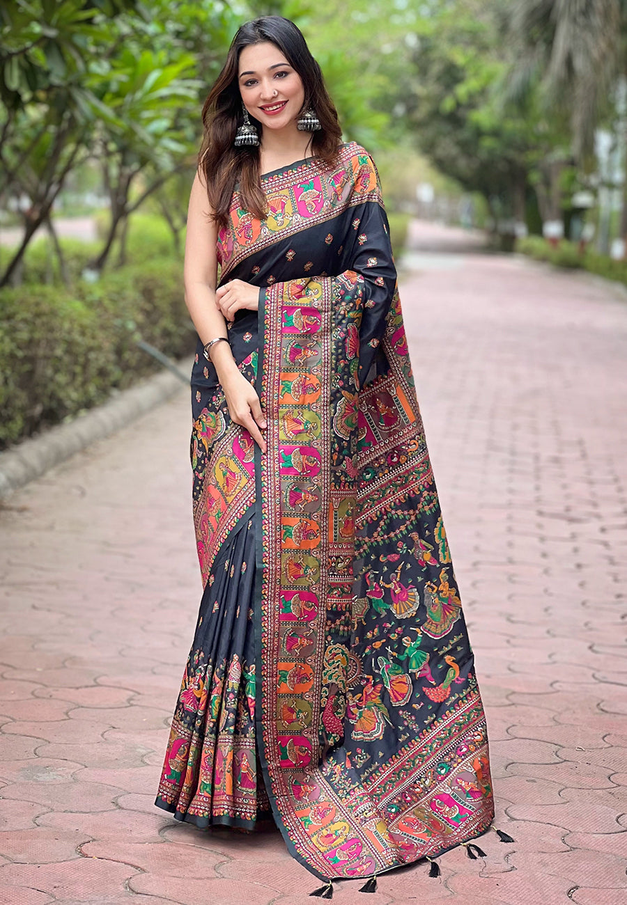 Black Pashmina Kashmiri Silk Zari Woven Saree