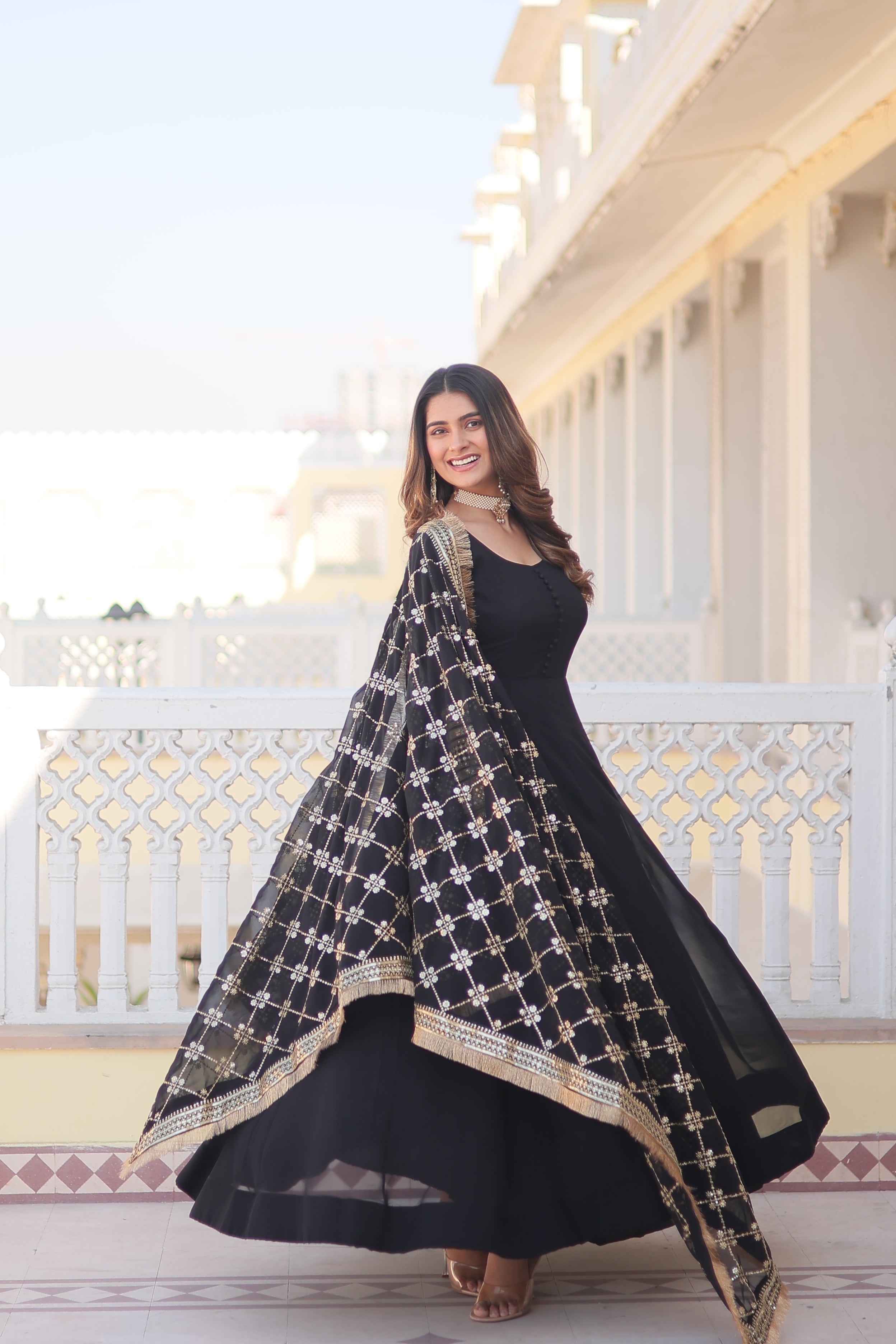 Black Round Neck Gown & Dupatta