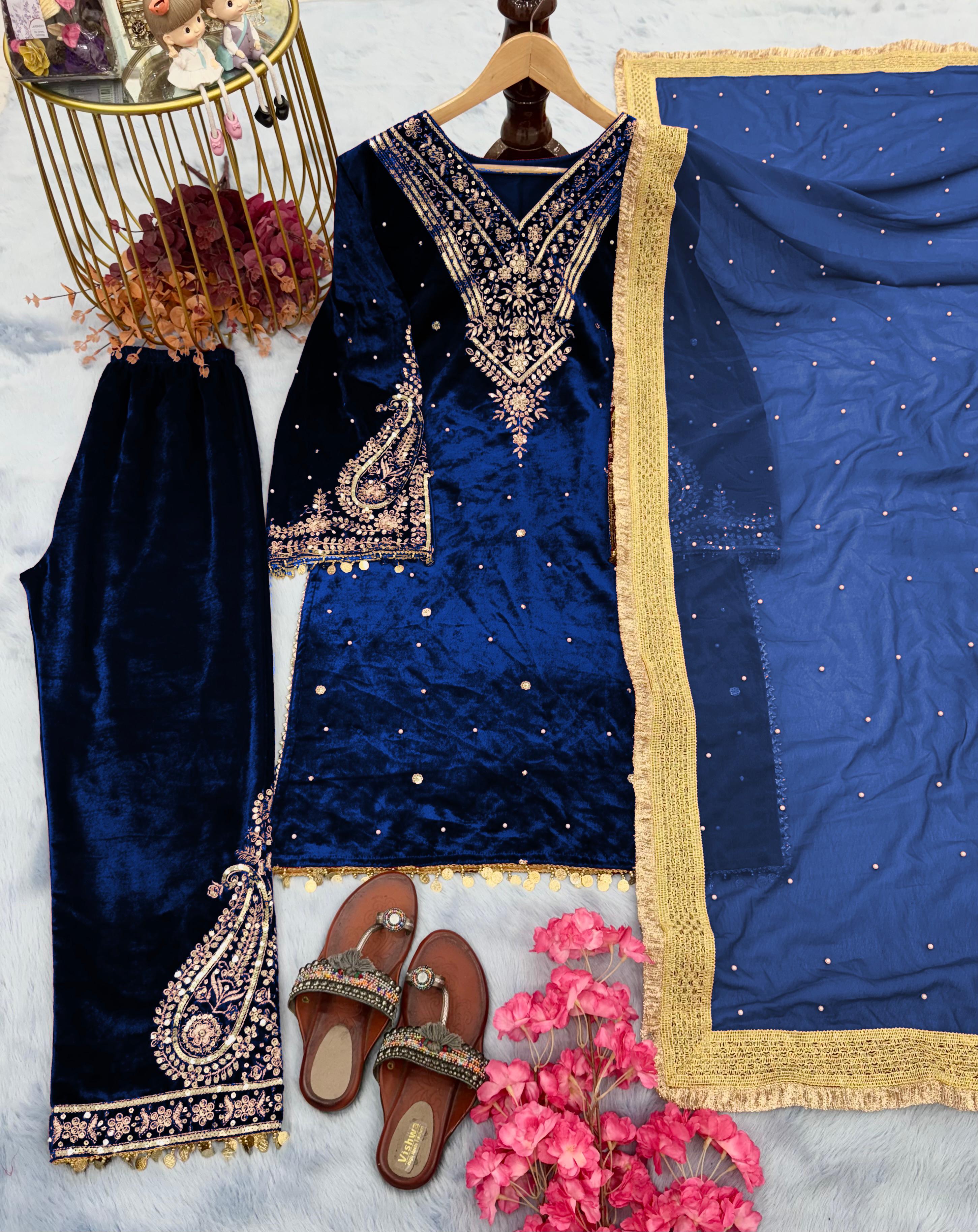 Blue Color Winter Velvet Suit – Ready to Wear (M–XXL) | Nardev Fashion