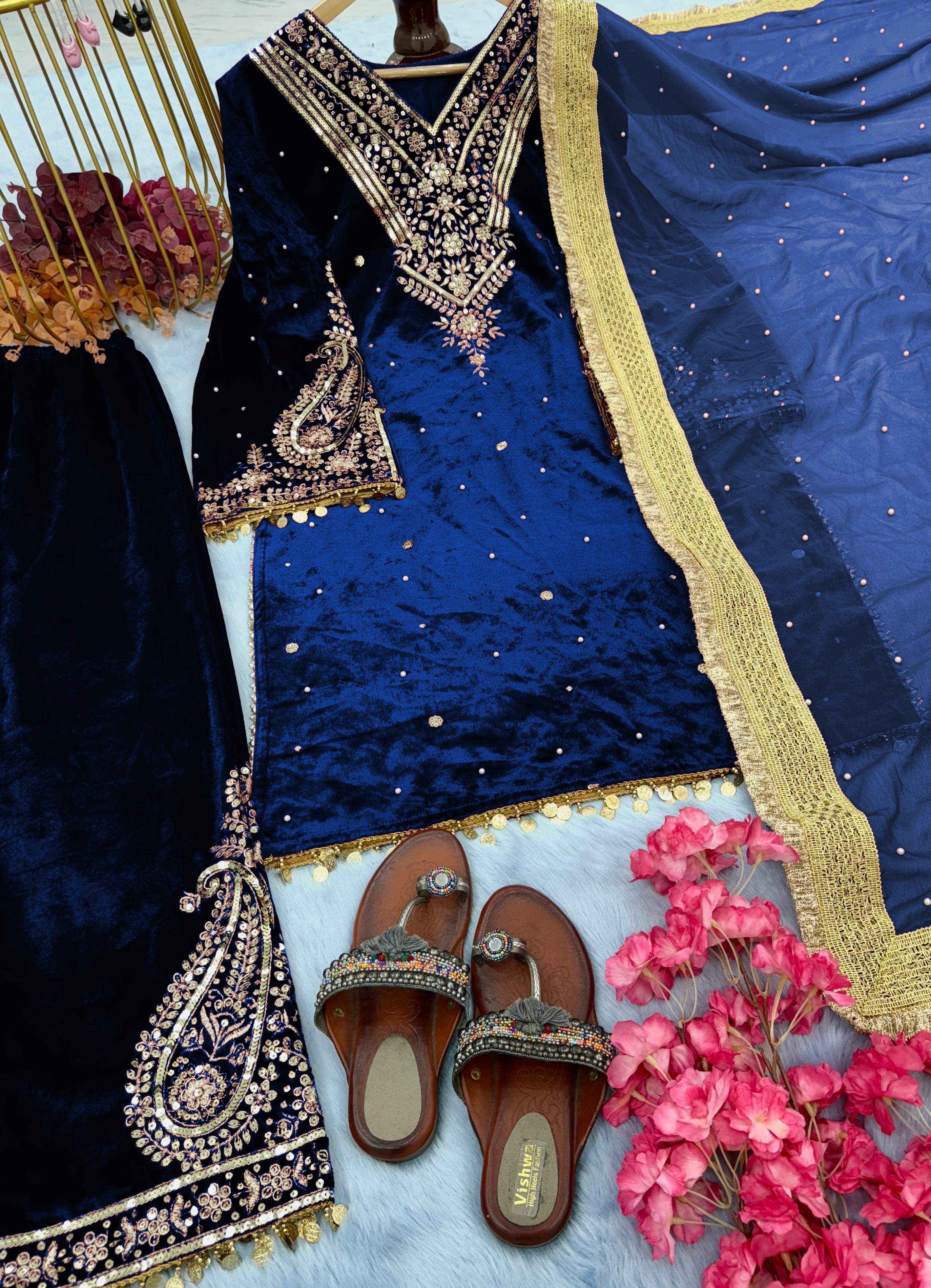 Blue Color Winter Velvet Suit – Ready to Wear (M–XXL) | Nardev Fashion