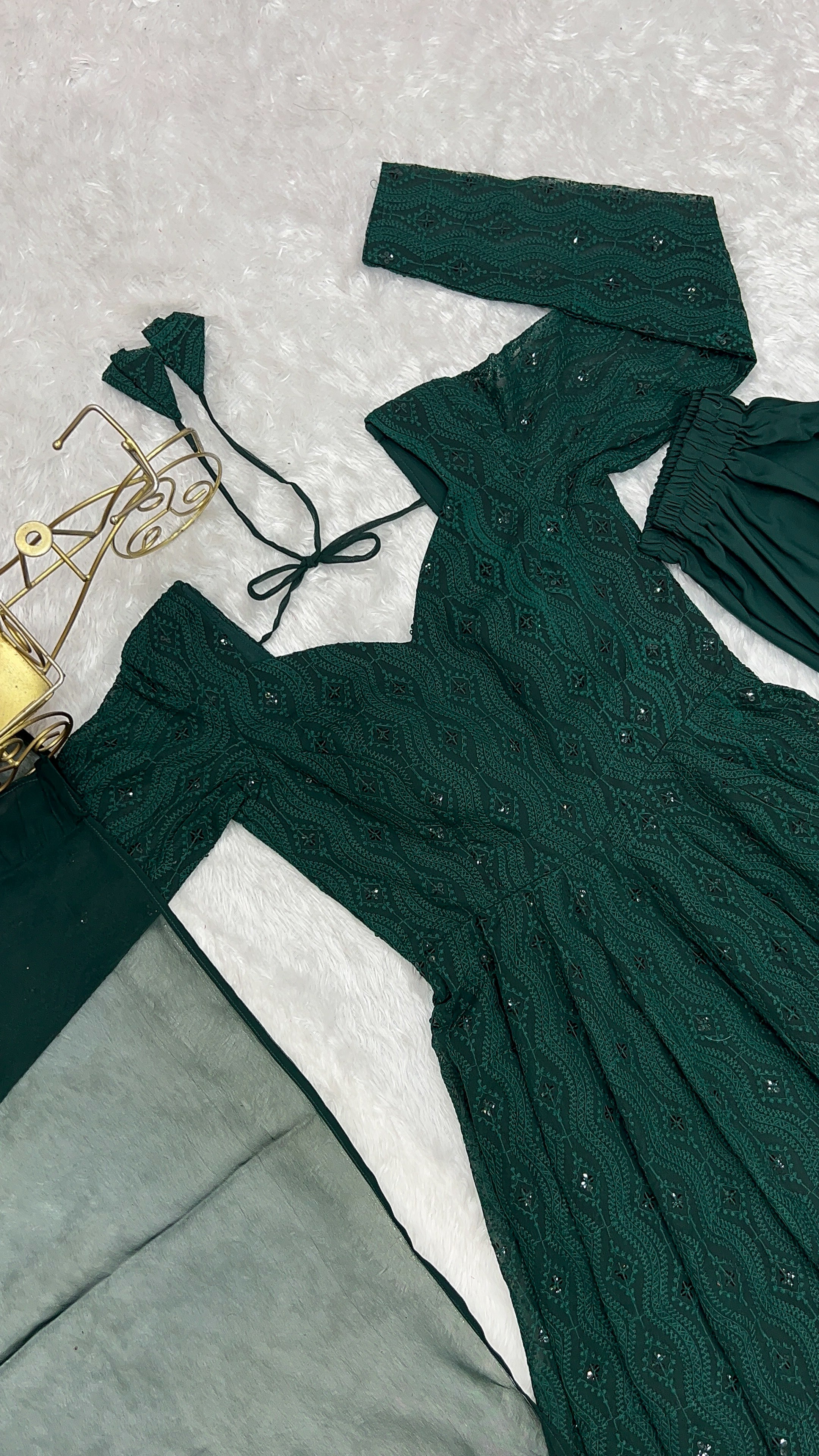 Bottle Green Color Lucknowi Anarkali Set - Aarti Chauhan