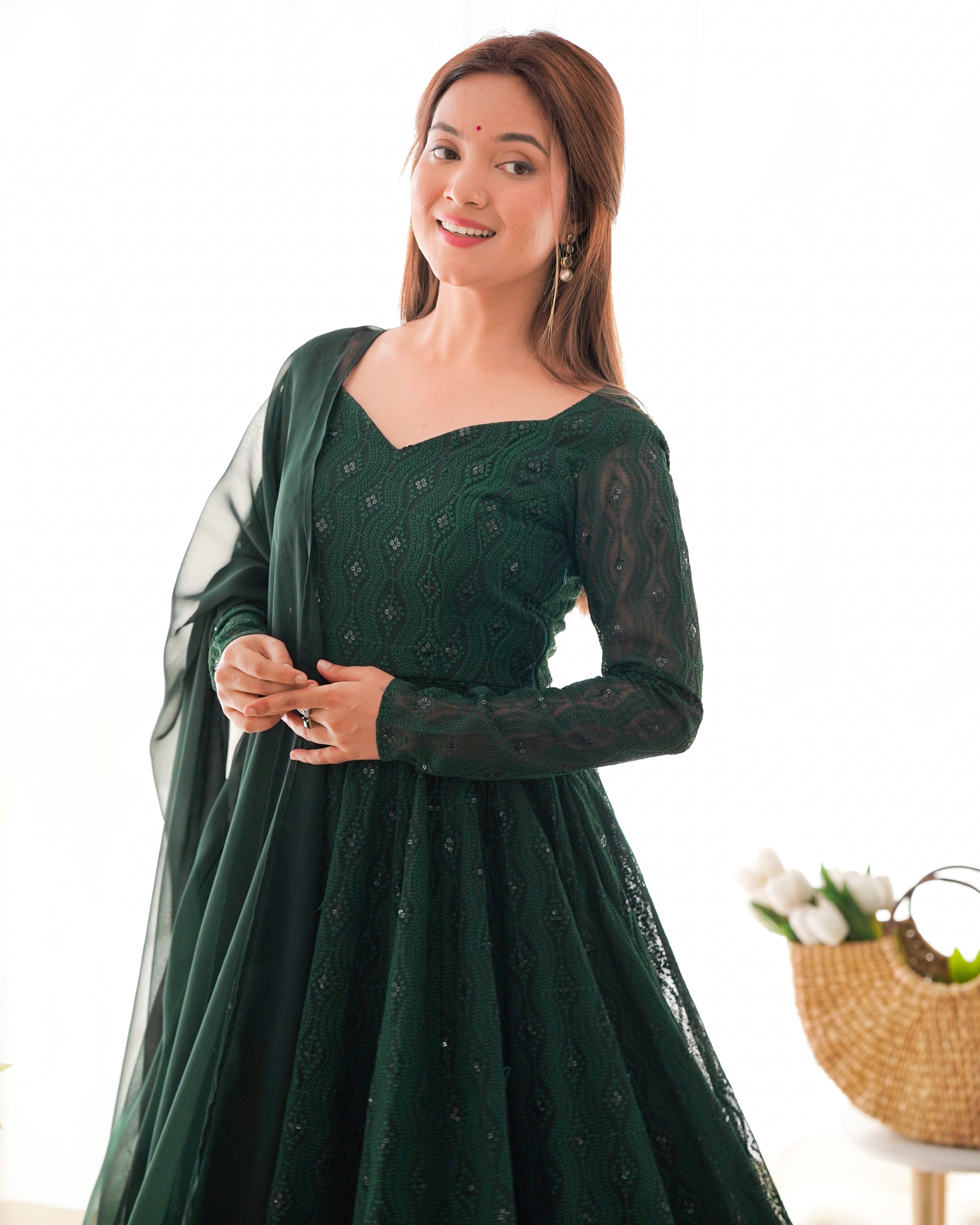 Bottle Green Color Lucknowi Anarkali Set - Aarti Chauhan