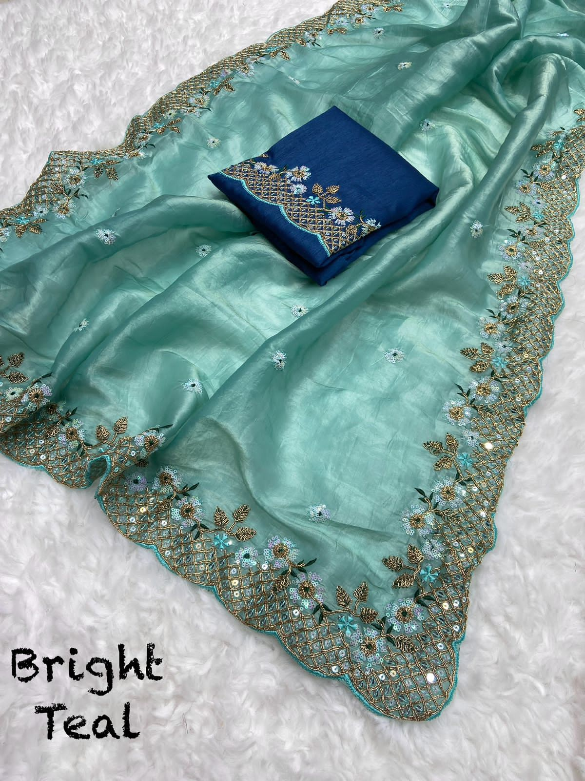 Bright Teal Wedding Gold Crush Saree