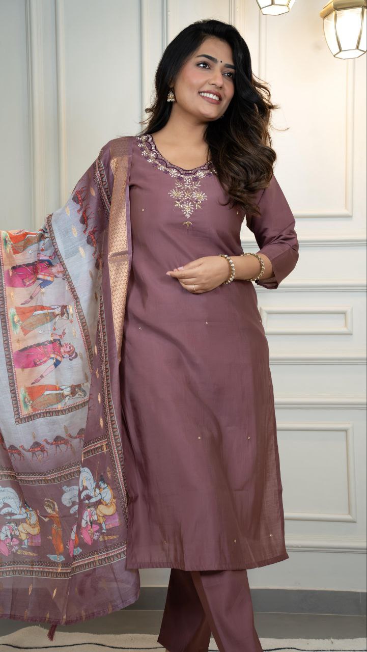 Burgundy Color Roman Silk Handwork Kurta Set - Diwali Outfit - Ethnic Wear - Nardev Fashion 