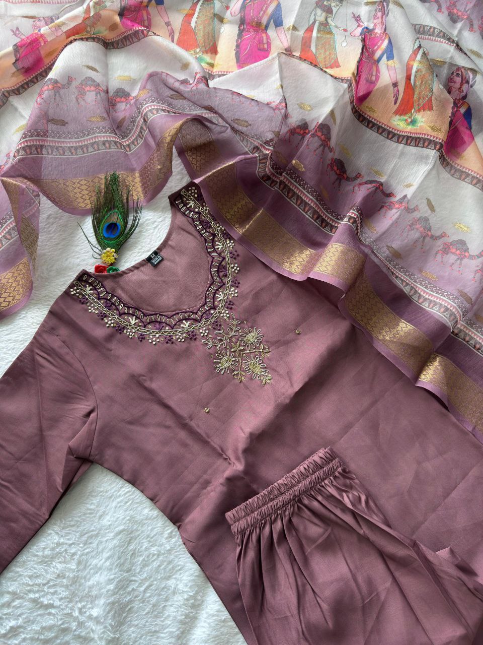 Burgundy Color Roman Silk Handwork Kurta Set - Diwali Outfit - Ethnic Wear - Nardev Fashion 