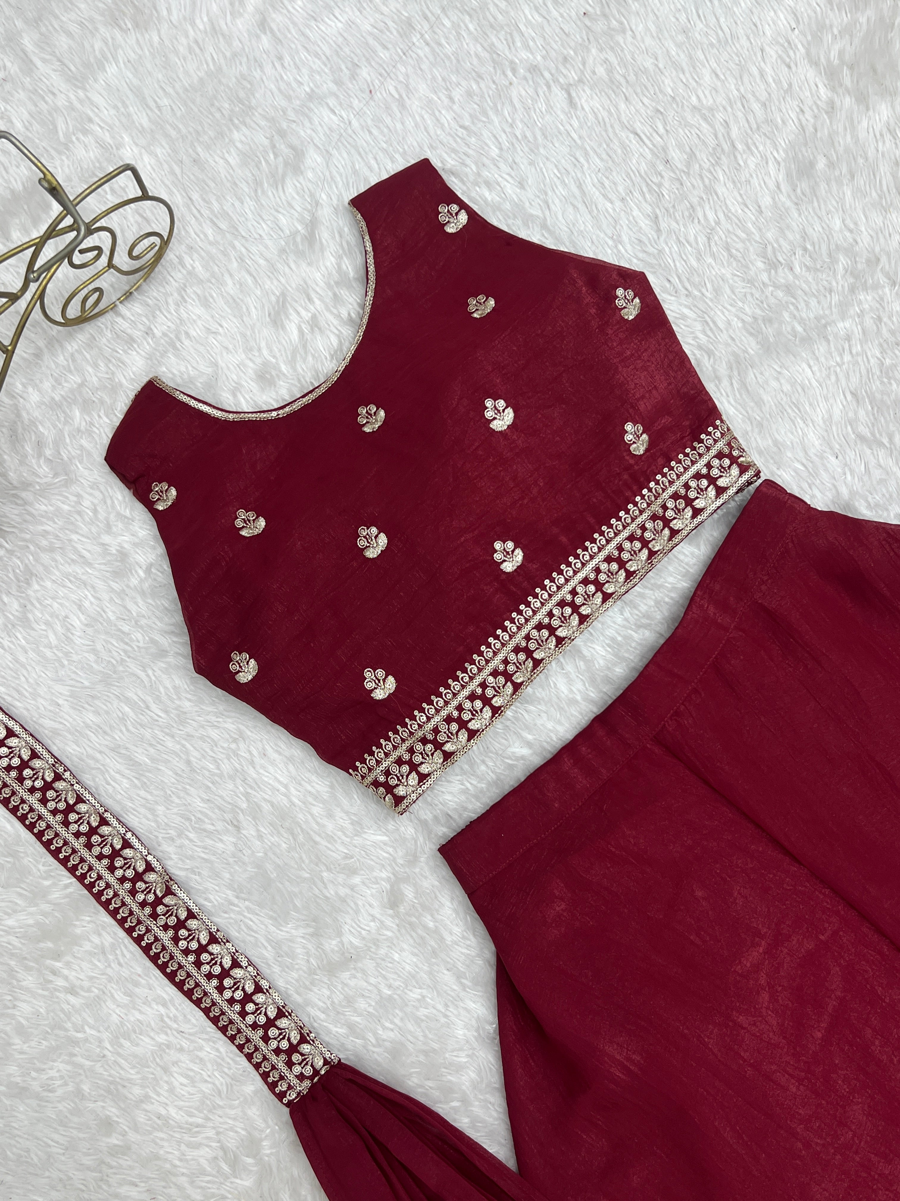 Wine Crunchy Silk Indo-Western Crop Top Palazzo Set with Embroidered Neck Dupatta | Ready to Wear