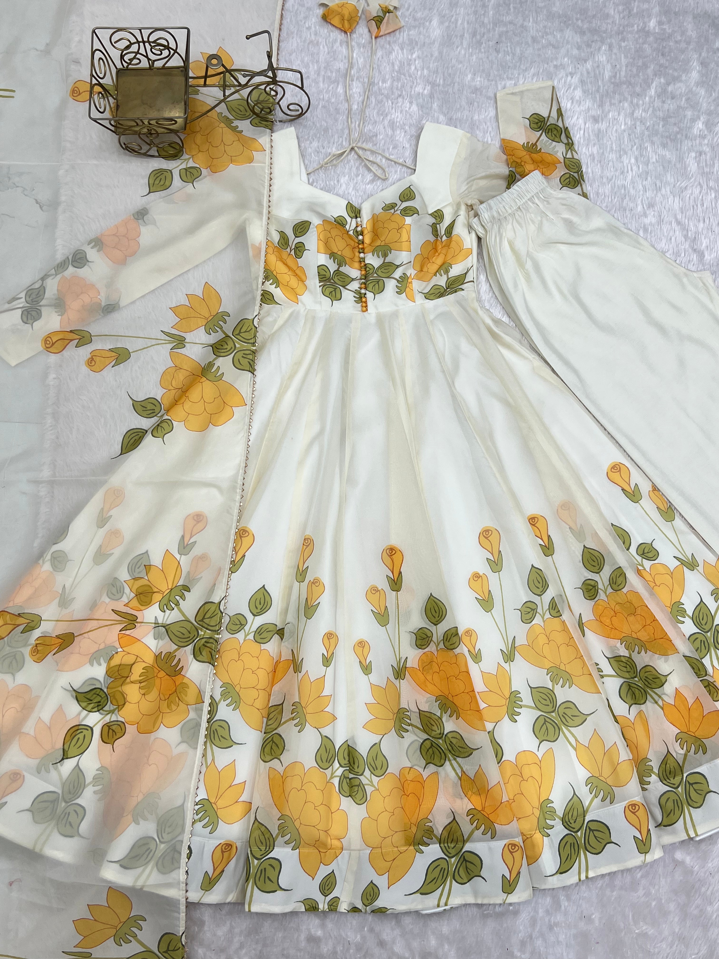 Ivory Floral Elegance Printed Organza Silk Anarkali Suit Set with Dupatta | NARDEV FASHION | Festive , Wedding Guest Outfit