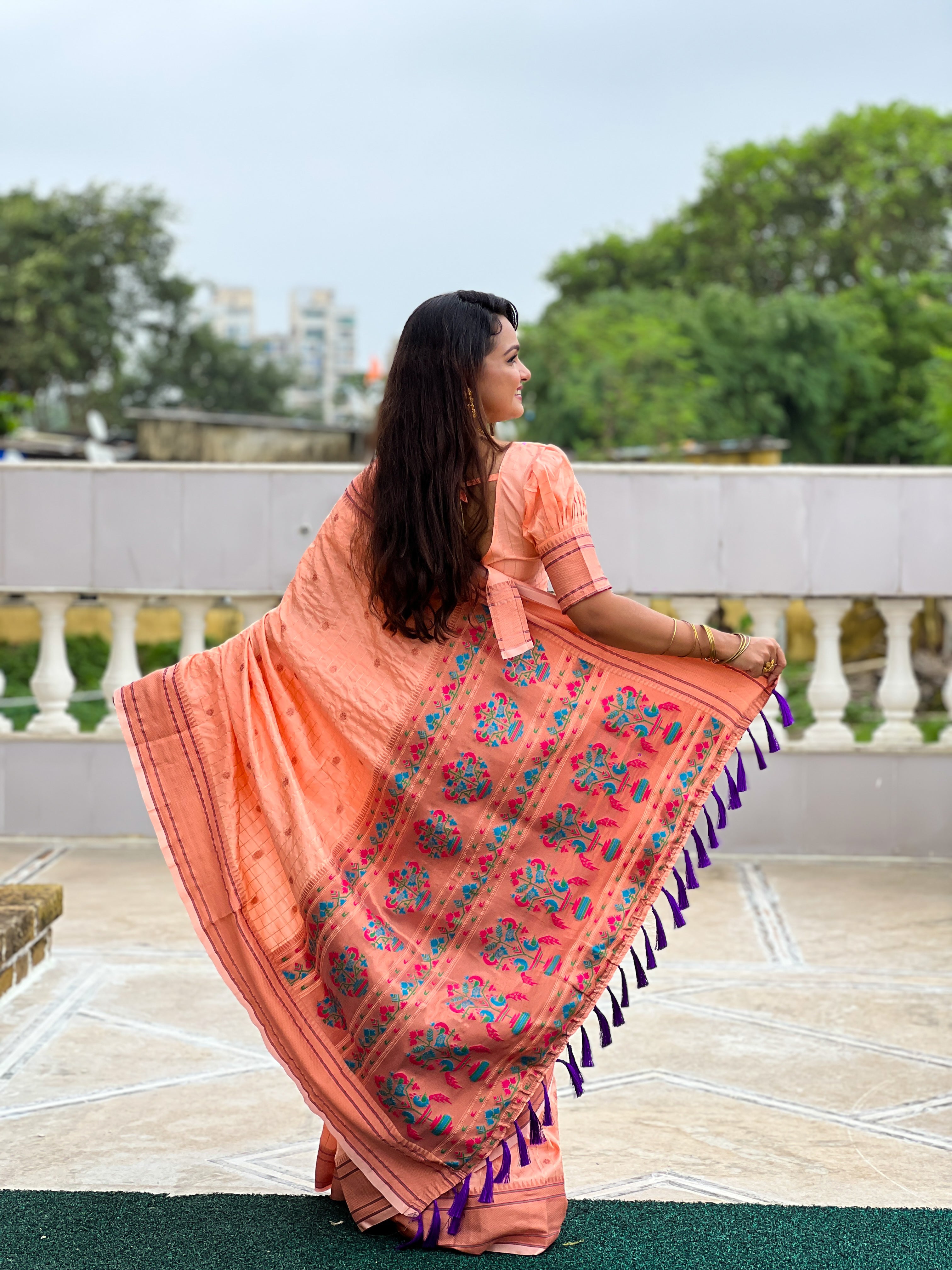 Peach Yeola Muniya Paithani Saree