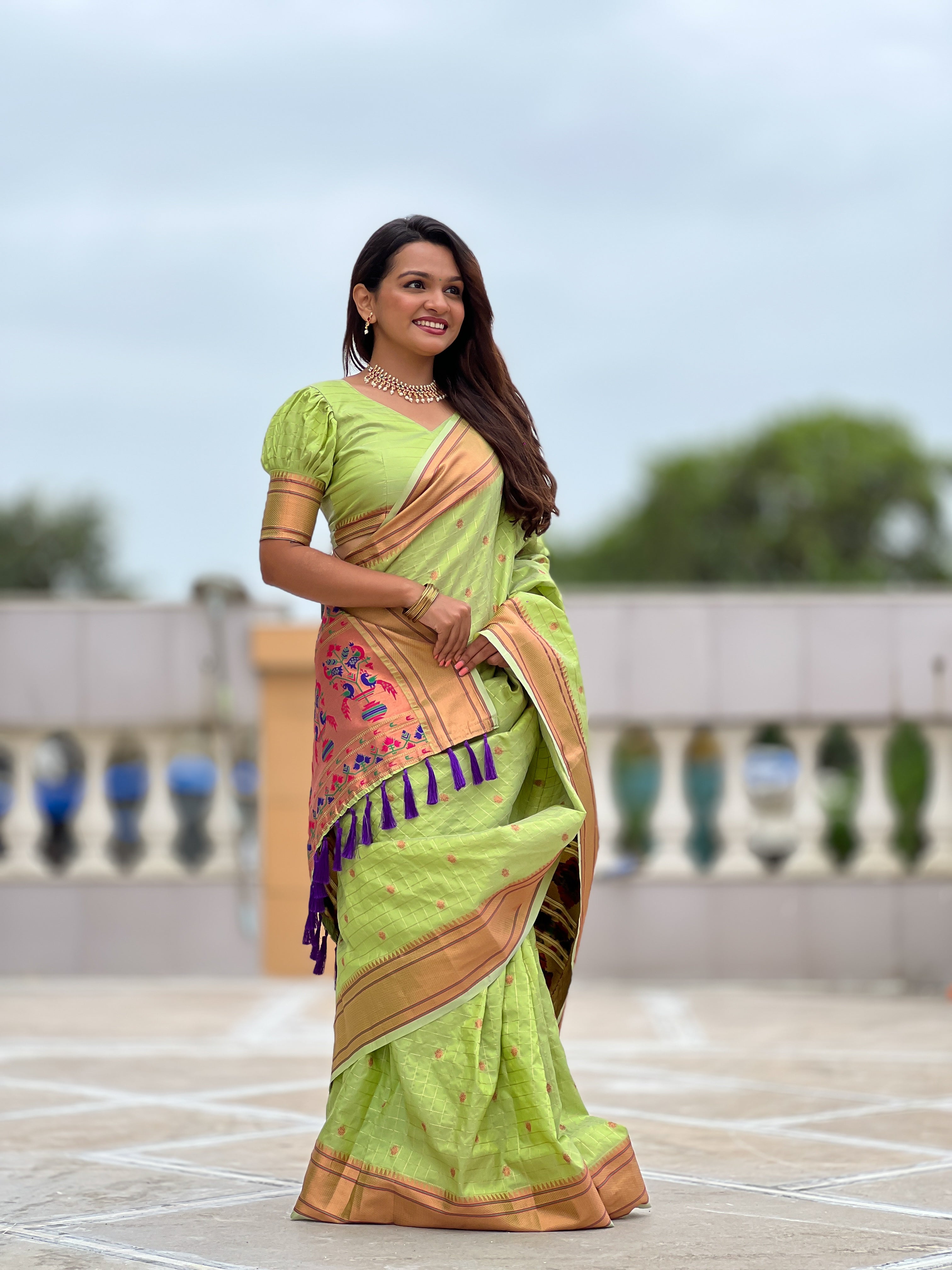 Pista Yeola Muniya Paithani Saree - Indian Festival & Wedding Women Outfit