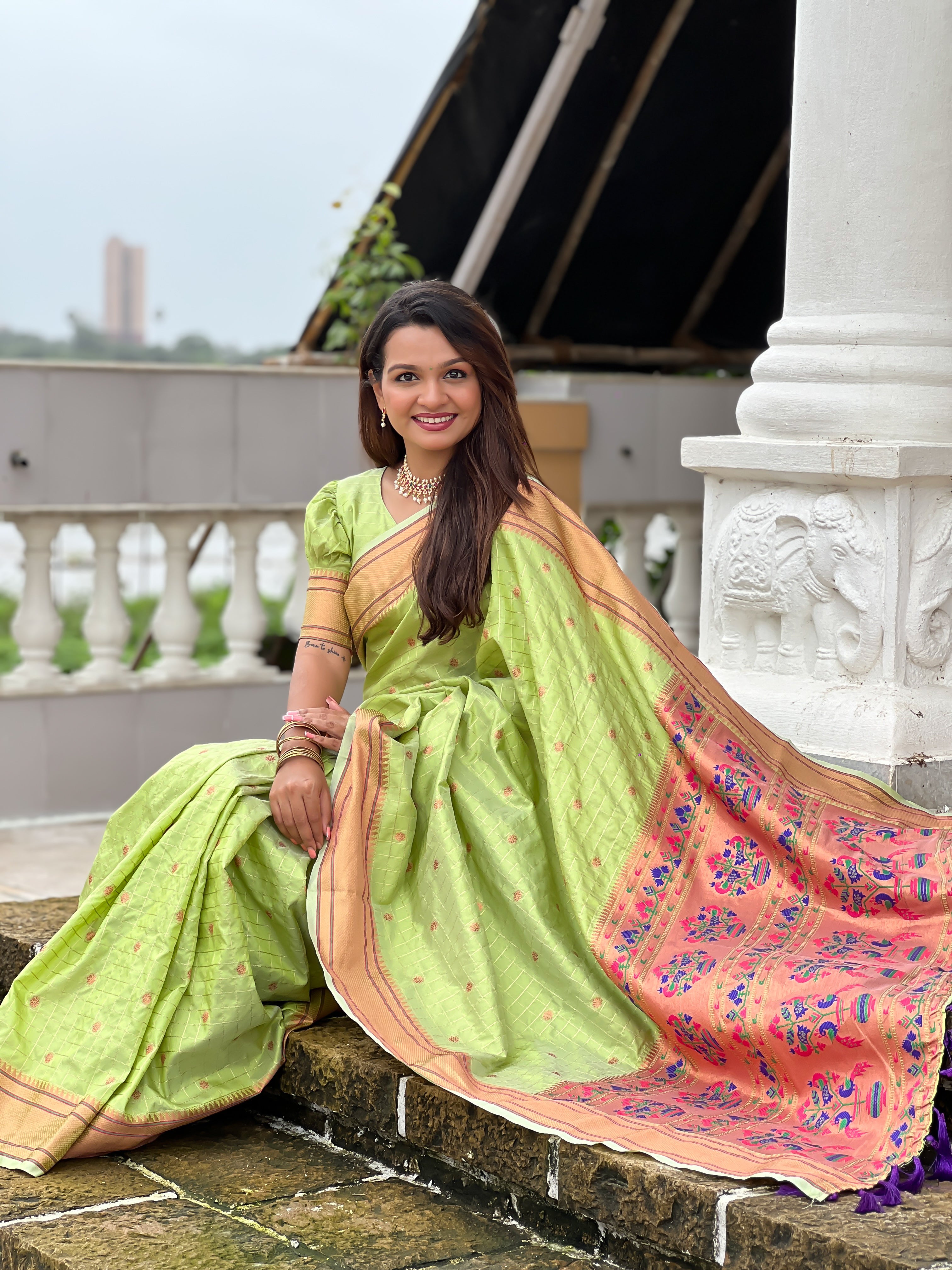 Pista Yeola Muniya Paithani Saree - Indian Festival & Wedding Women Outfit