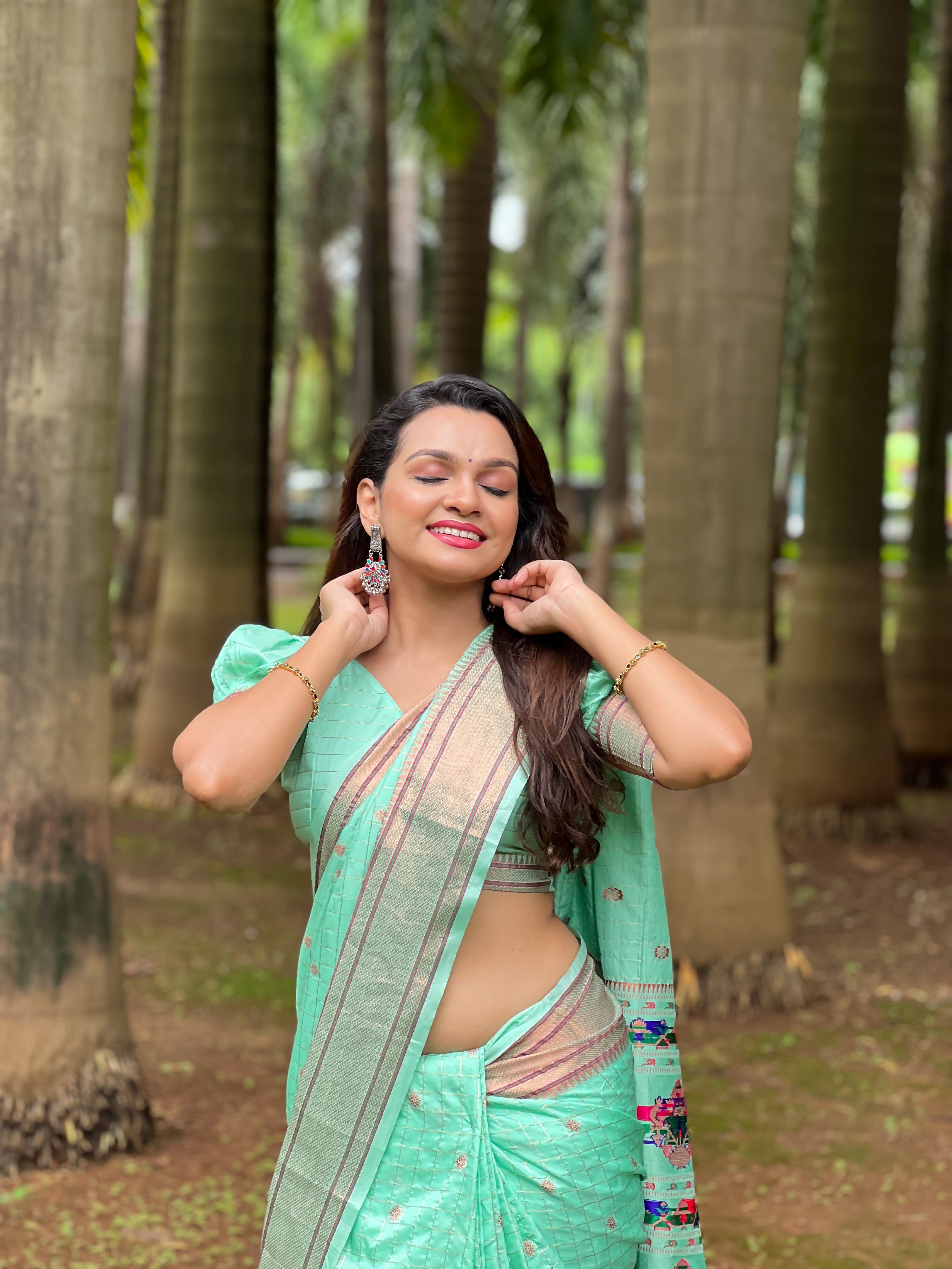 Seagreen Yeola Muniya Paithani Saree - Indian Festival & Wedding Women Outfit