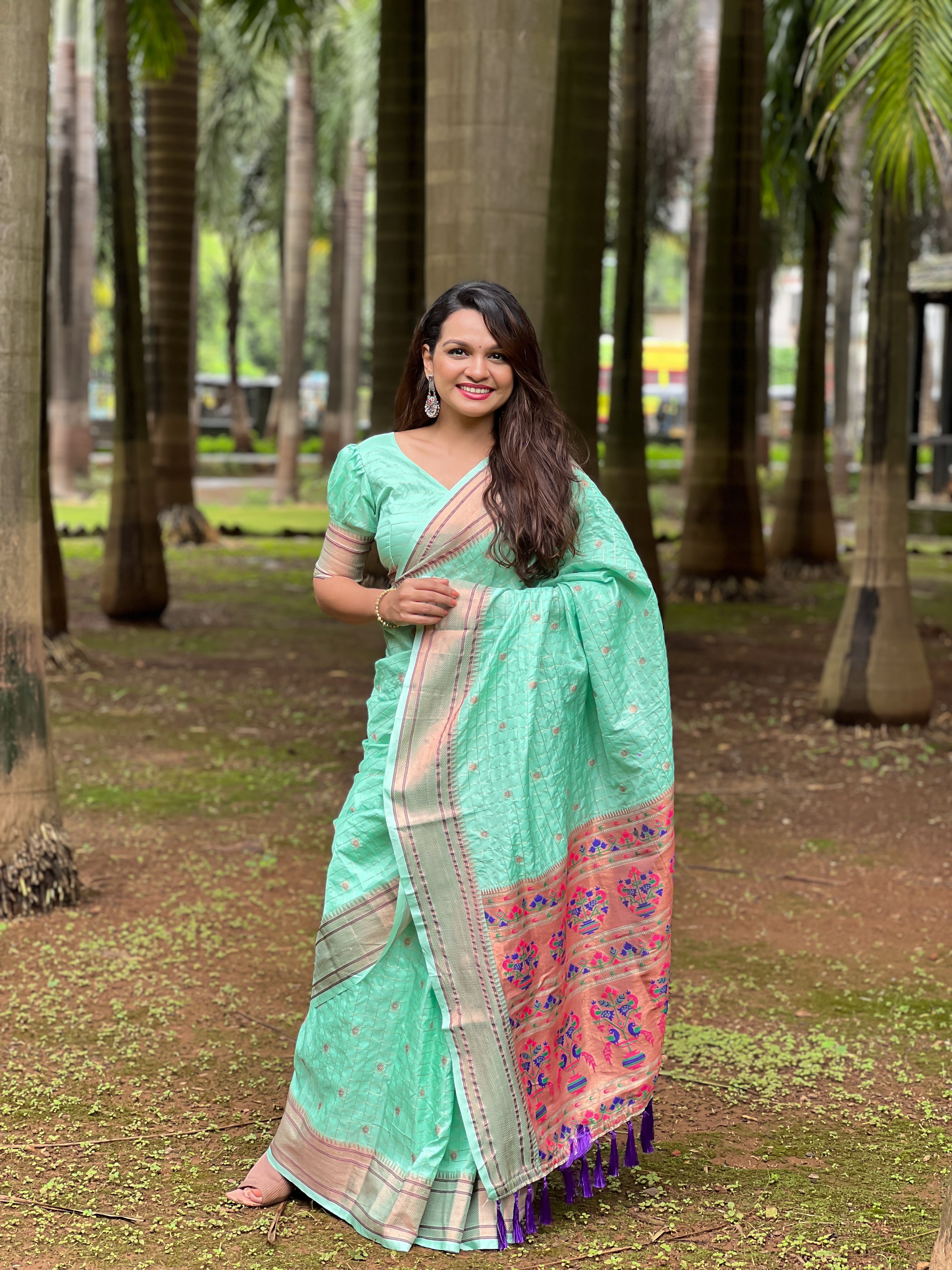 Seagreen Yeola Muniya Paithani Saree - Indian Festival & Wedding Women Outfit